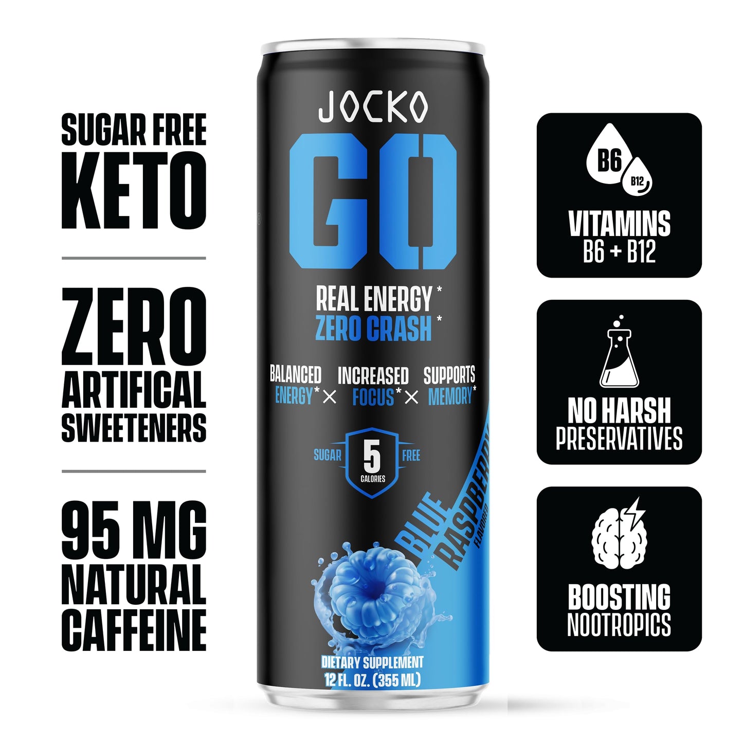 Jocko Fuel Blue Raspberry Energy Drink, 0 Sugar, 95mg Caffeine, 12 Pack, 144 Fl Oz