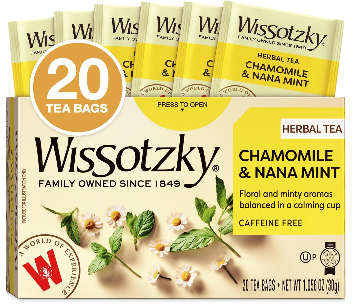 Wissotzky Chamomile Tea with Nana Mint, Herbal, Caffeine Free, 20 Count, Model 603741001253