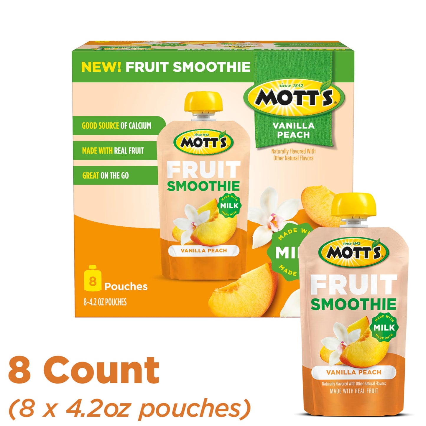 Motts Fruit Smoothies Vanilla Peach, 4.2 oz clear pouches, 8 Pack, Made With Milk, Made With Real Fruit, Good Source of Calcium,