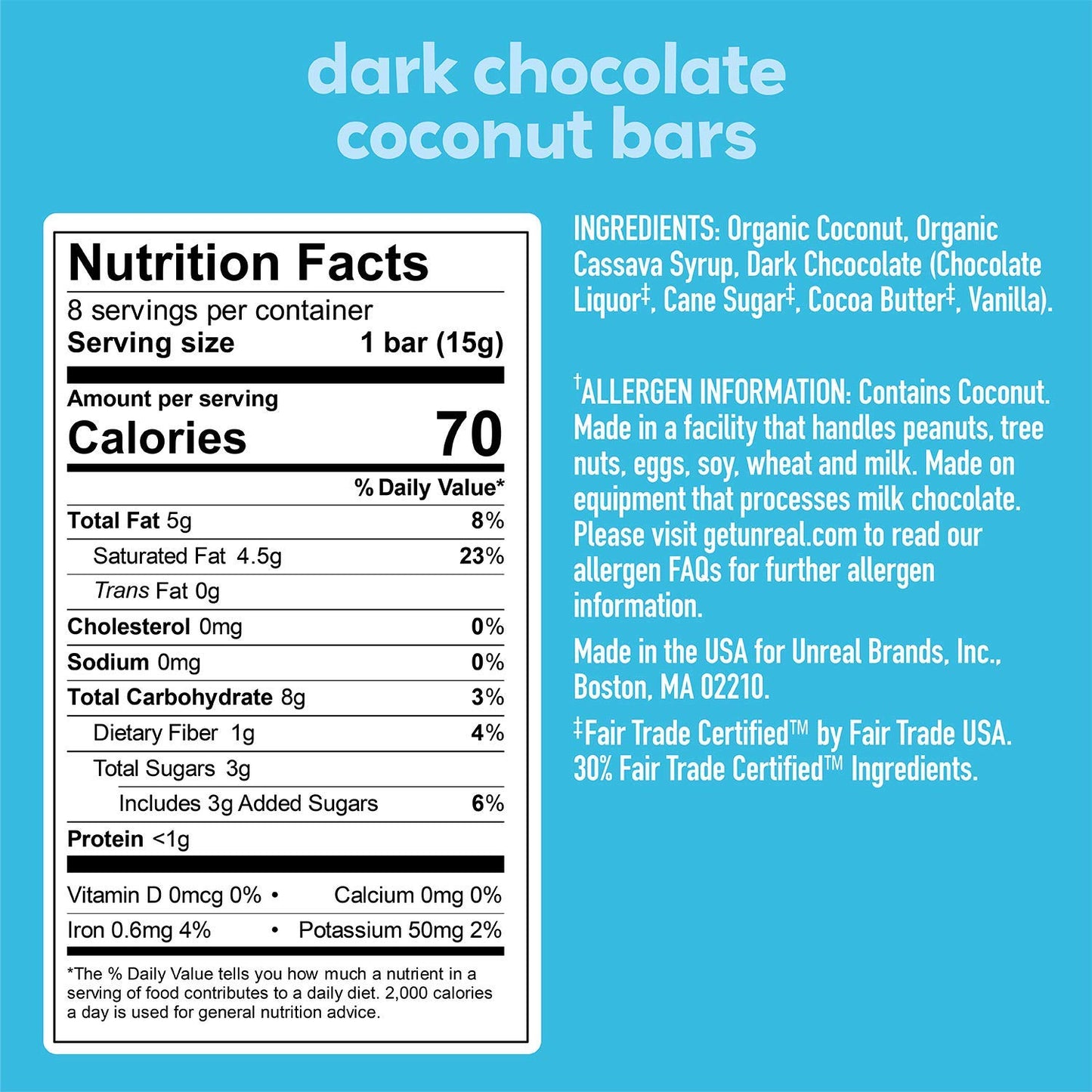 Unreal Dark Chocolate Coconut Bars | 3G Sugar | Certified Vegan, Gluten Free, Fair Trade, Non-Gmo | No Sugar Alcohols Or Soy | P