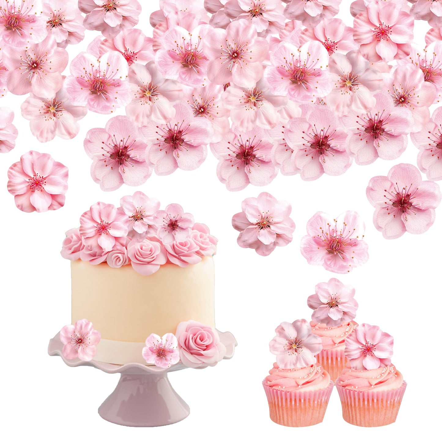 48 PCS Edible Cherry Blossoms Cupcake Toppers Wafer Paper Flowers Cupcake Topper for Wedding Themed Party Baby Shower Kids Birth
