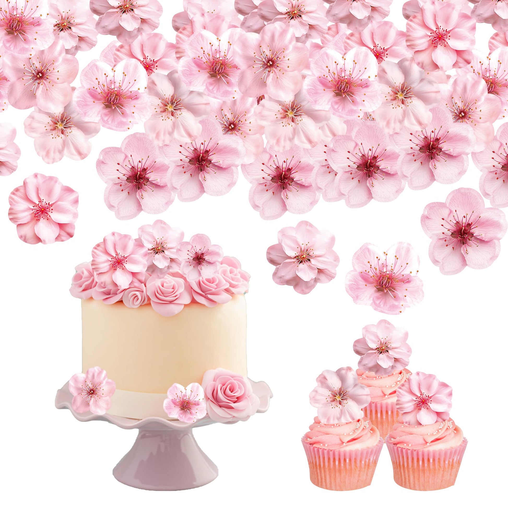 48 PCS Edible Cherry Blossoms Cupcake Toppers Wafer Paper Flowers Cupcake Topper for Wedding Themed Party Baby Shower Kids Birth