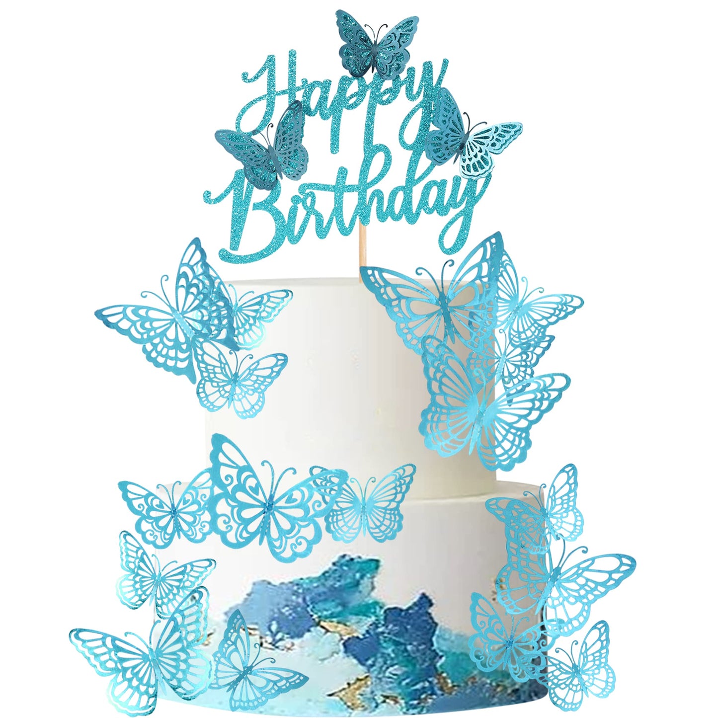 Rsstarxi Cake Toppers - Happy Birthday with 3D Butterfly - Blue - 1.8x2.4 inches - Paper - Model XM266-blue