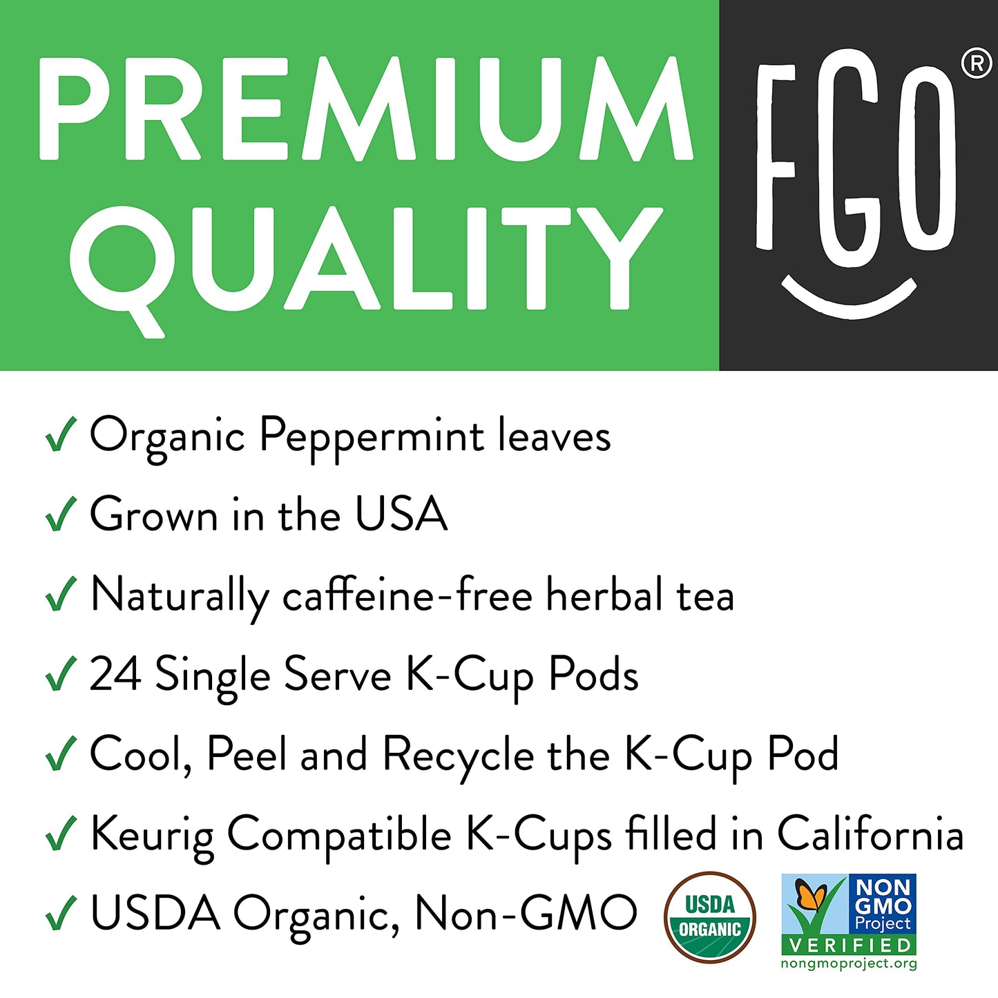 FGO Organic Peppermint Tea K-Cup Pods - Caffeine-Free, Keurig Compatible, 24 Count (Pack of 1)
