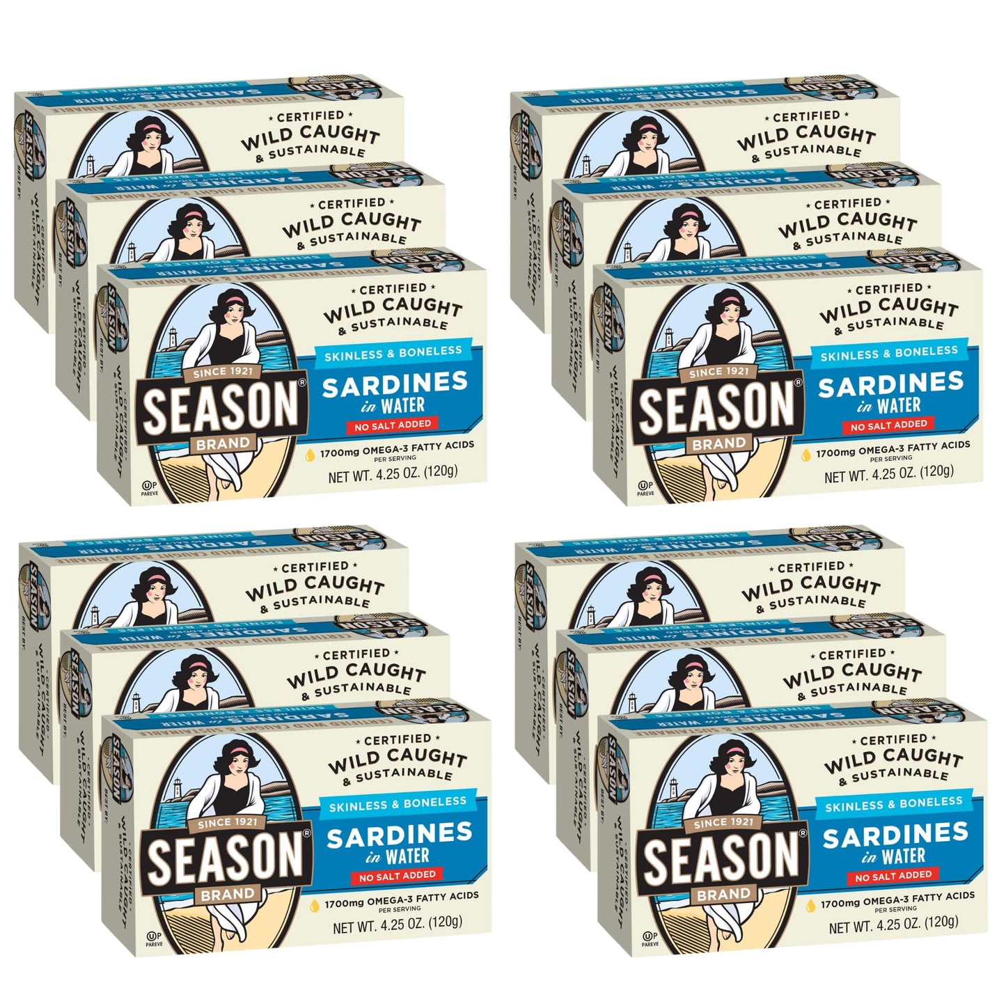 Season Sardines in Water - Skinless & Boneless, No Salt Added, Wild Caught, 22g of Protein, Keto Snacks, More Omega 3s Than Tun