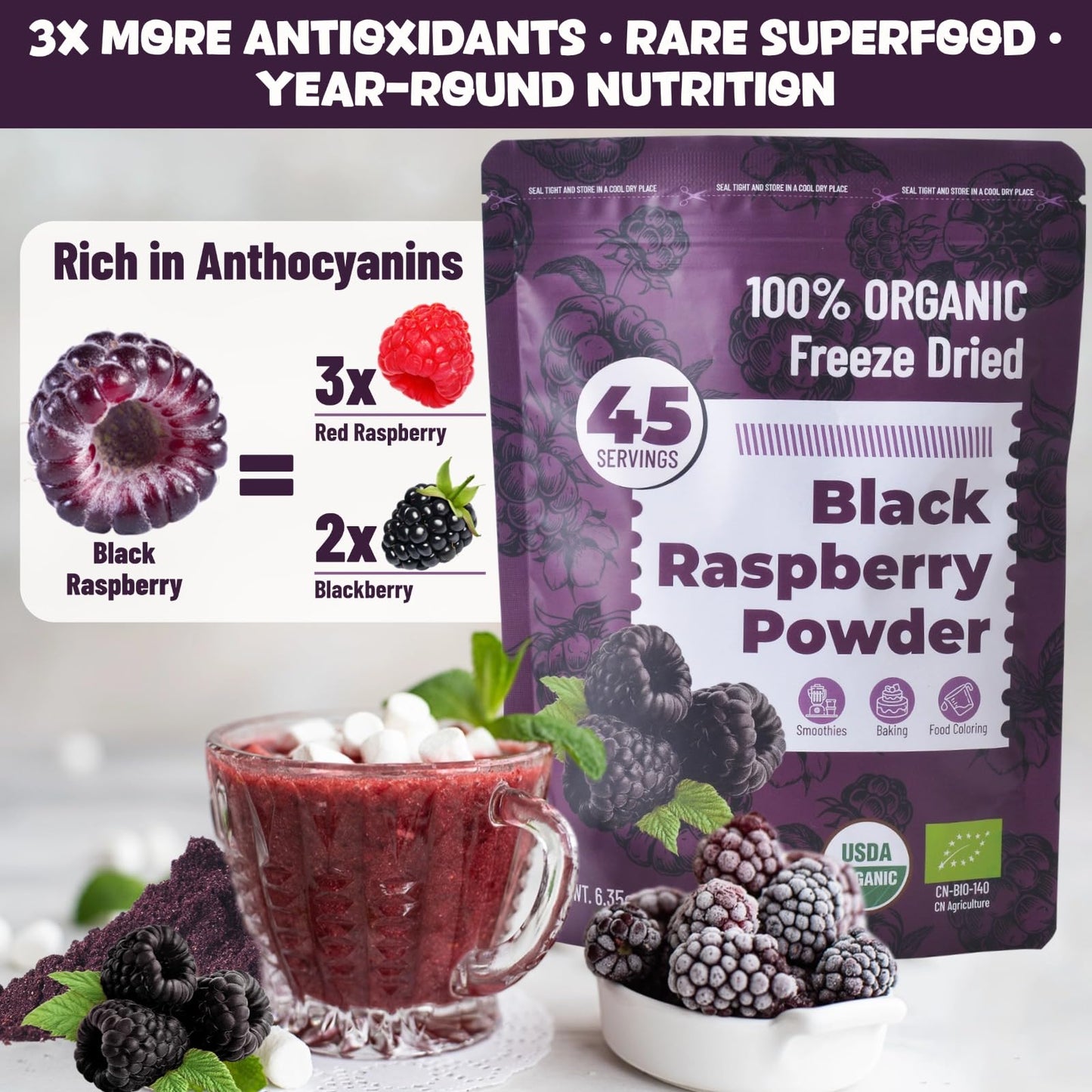 SIHASO Organic Freeze Dried Black Raspberry Powder, 6.35oz - 100% Whole Fruit, Vegan Superfood for Smoothies & Baking, Black Raspberry Flavor