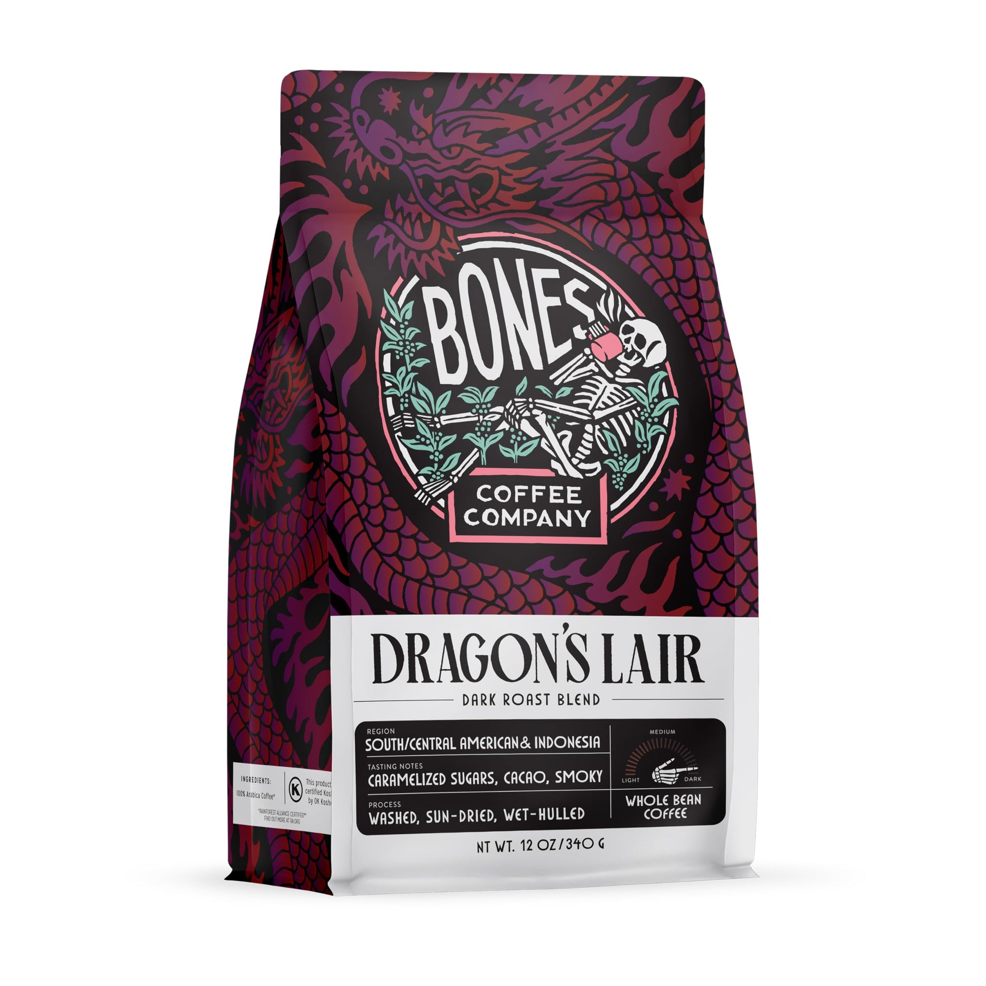 Bones Coffee Company Dragon'S Lair Whole Coffee Beans, Low Acid, Made With Arabica Coffee Beans, Dark Roast Gourmet Coffee, Coff