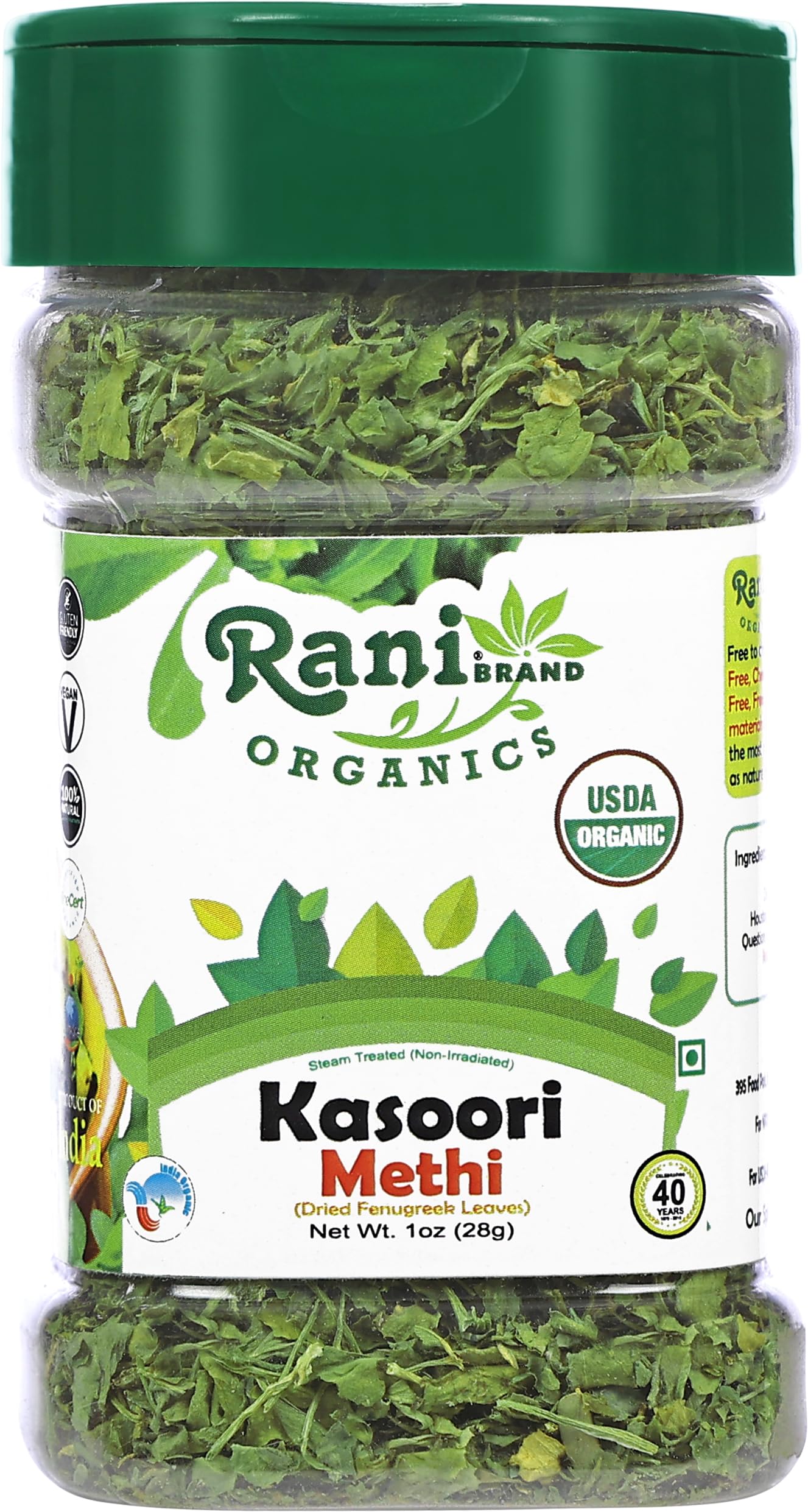 Rani Organic Fenugreek Leaves Dried (Kasoori Methi) 1oz PET Jar - Vegan, Gluten Friendly, NON-GMO, USDA Certified Organic