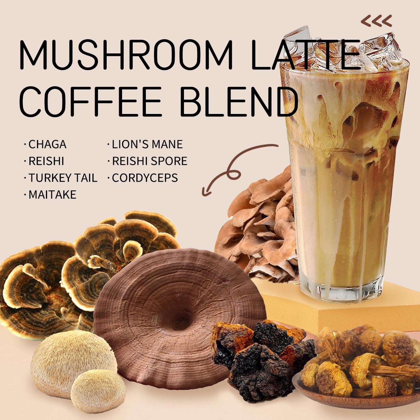 Ganoherb 7 In 1 Mushroom Coffee Mix, Instant Latte Coffee Blend Nootropic Cafe Complex With Reishi, Lions Mane, Chaga, Turkey Ta