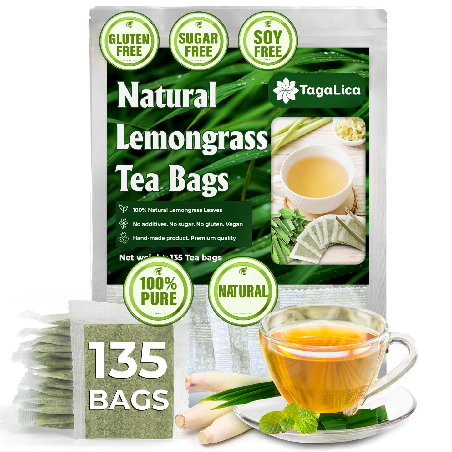 Tagalica Lemongrass Herbal Tea Bags, 100% Natural, Caffeine-Free, Vegan, 135 Count