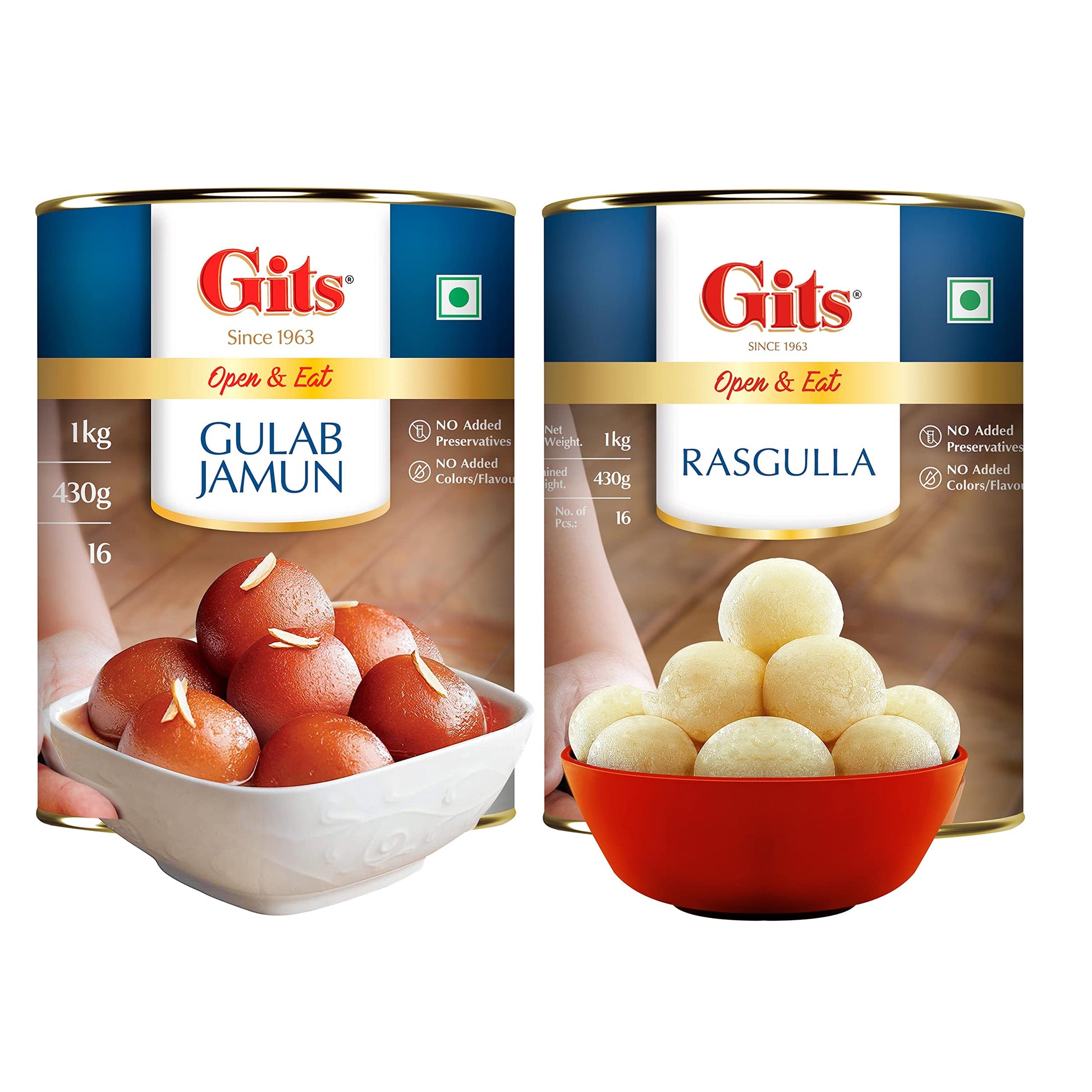 Gits 2Kg Gulab Jamun + Rasgulla Combo (1Kg Gulab Jamun Tin + 1Kg Rasgulla Tin)