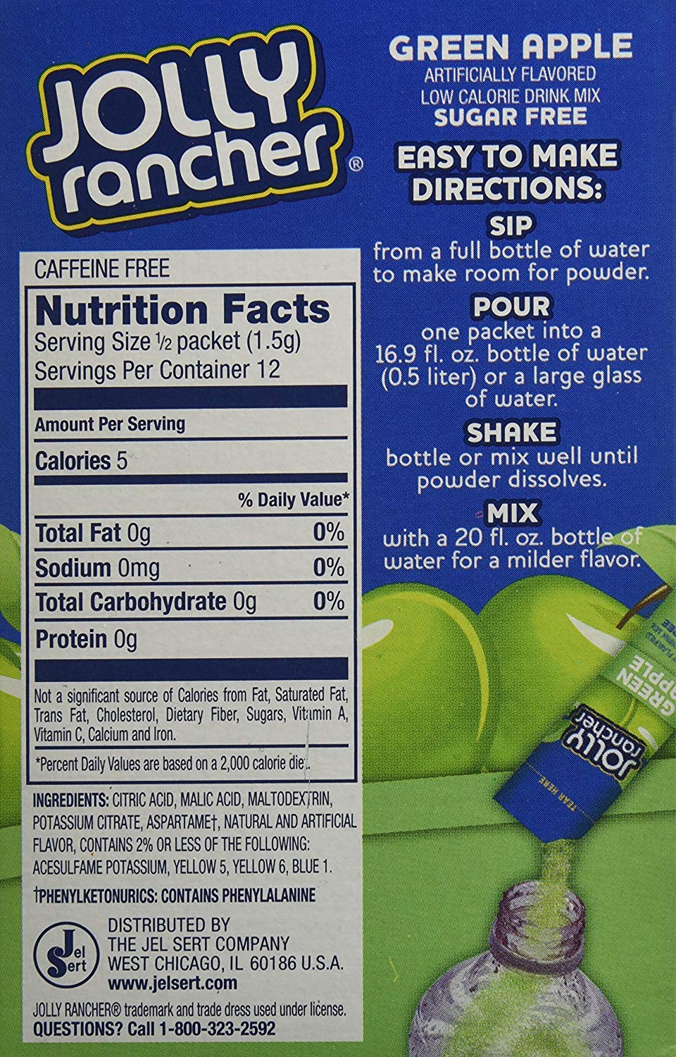 Jolly Rancher Green Apple Drink Mix, Sugar Free, 6 Count, 0.62 Ounce