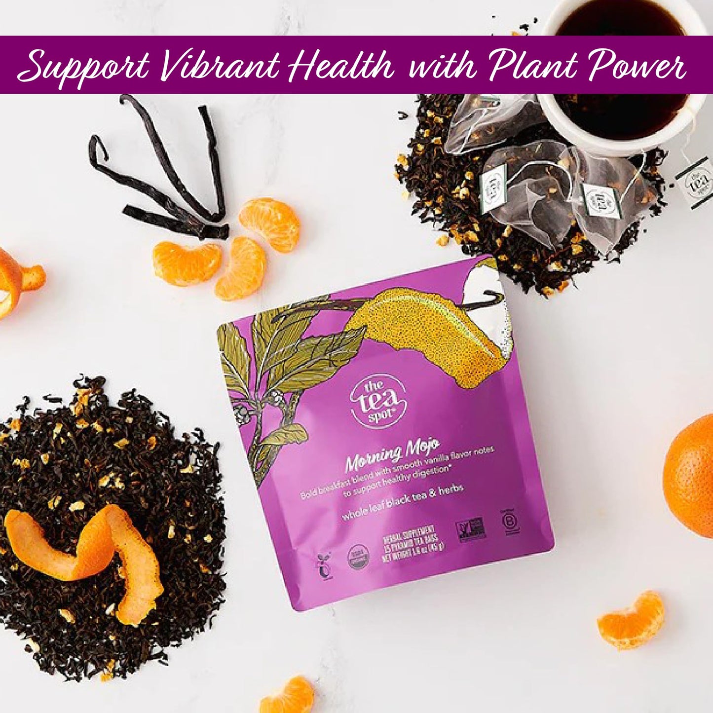 The Tea Spot Organic Morning Mojo Black Tea, Breakfast Blend with Vanilla & Citrus, 15 Tea Bags, Pack of 1