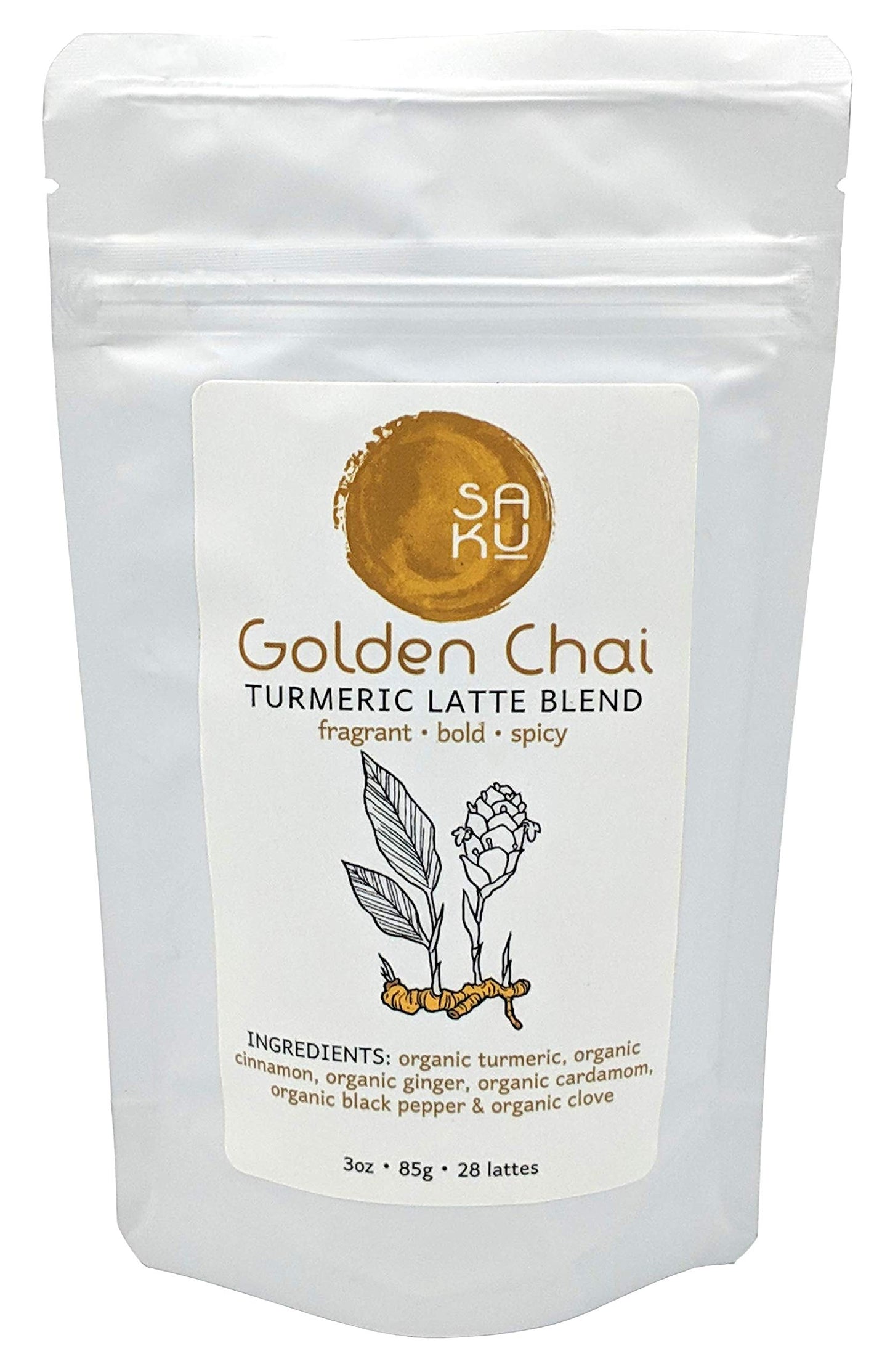 BE SAKU Golden Chai Turmeric Latte Blend, Super Food Latte, 3oz Bag