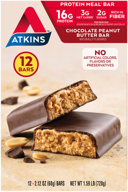 Atkins Chocolate Peanut Butter Protein Meal Bar, High Fiber, 16g Protein, 2g Sugar, 3g Net Carb, Meal Replacement, Low Carb, Ket