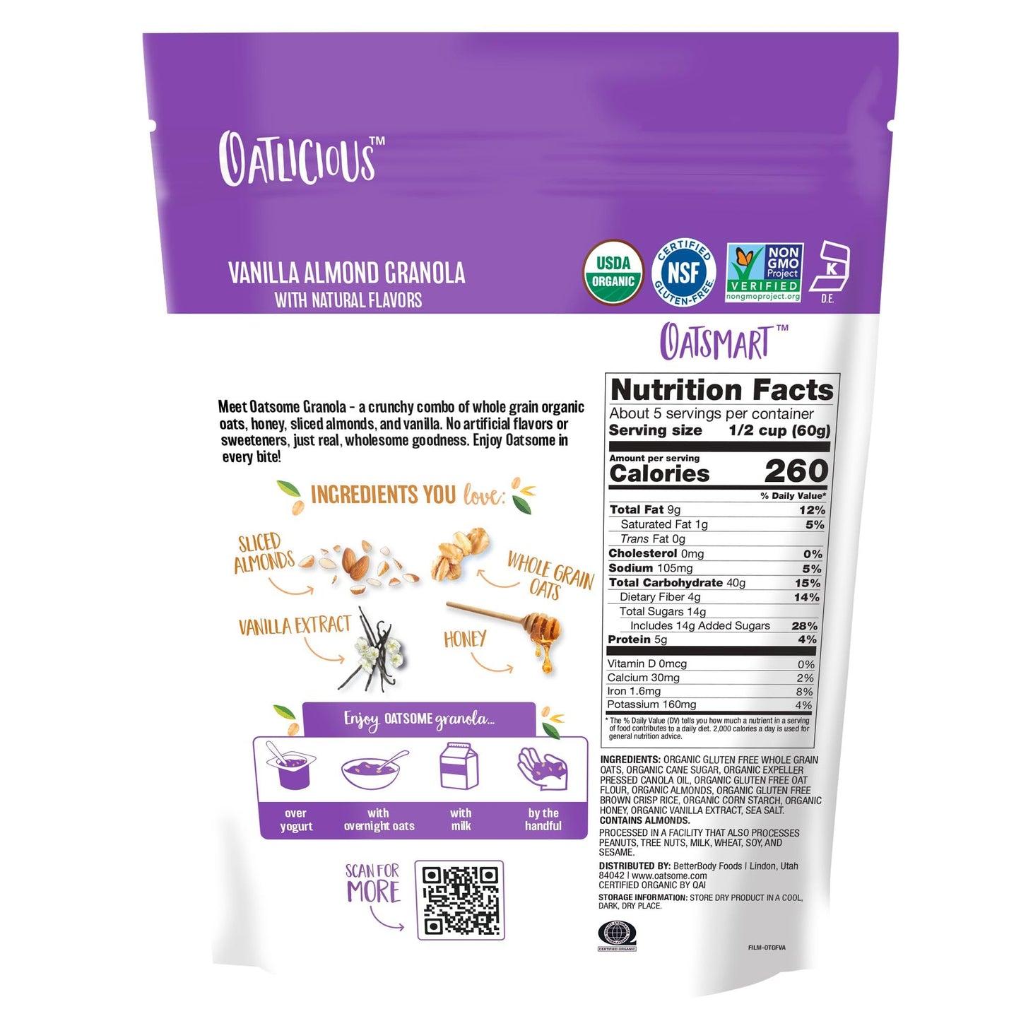 Oatsome Vanilla Almond Granola, Gluten Free, Non-Gmo, 5G Protein, Made With Whole Grain Organic Oats, Honey, Almonds, & Vanilla,