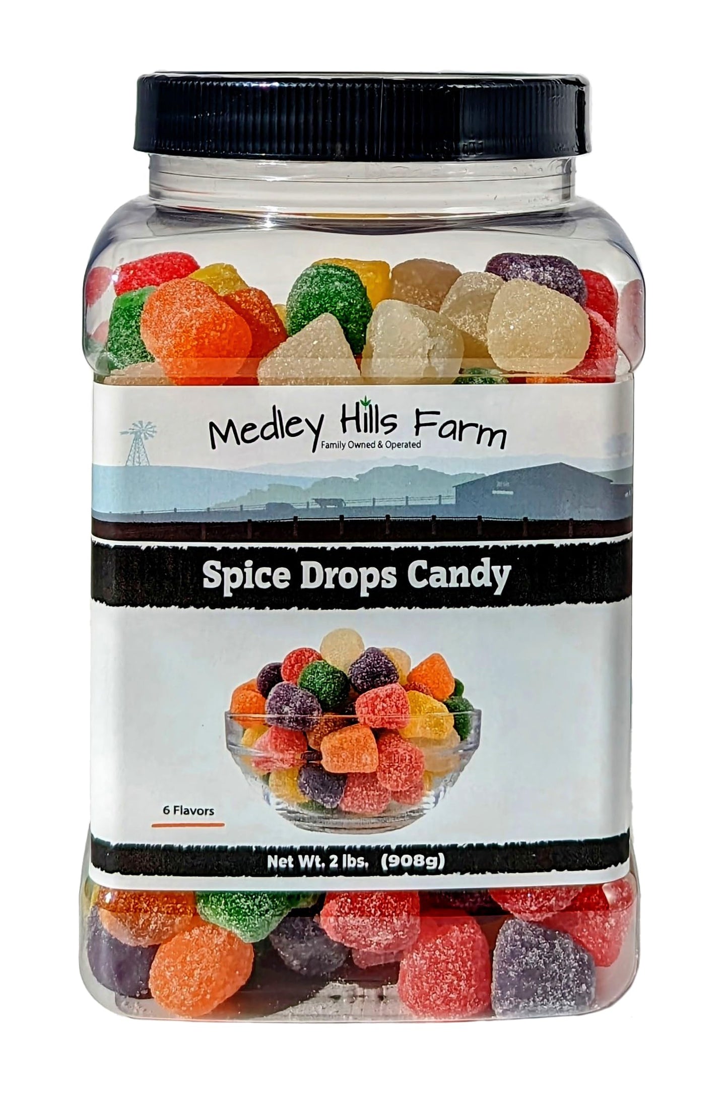 Medley Hills Farm Spice Drops Candy - Assorted Flavors, Soft Jelly Drops, 2 Lbs, Reusable Container