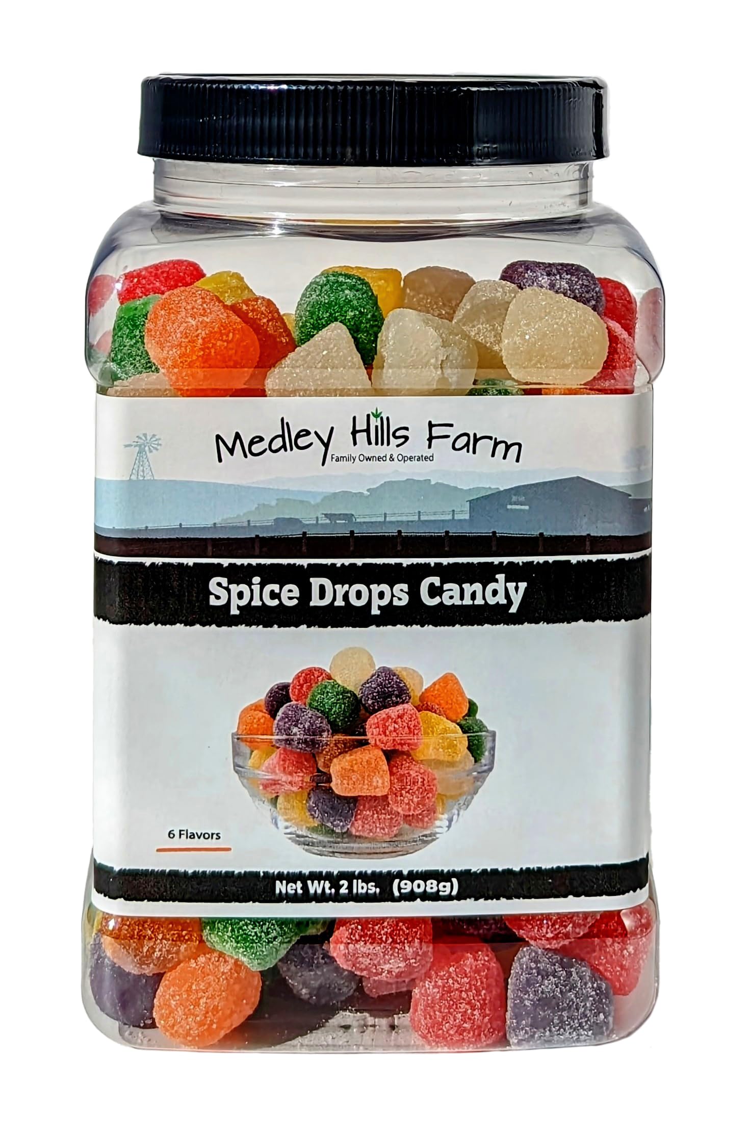 Medley Hills Farm Spice Drops Candy - Assorted Flavors, Soft Jelly Drops, 2 Lbs, Reusable Container