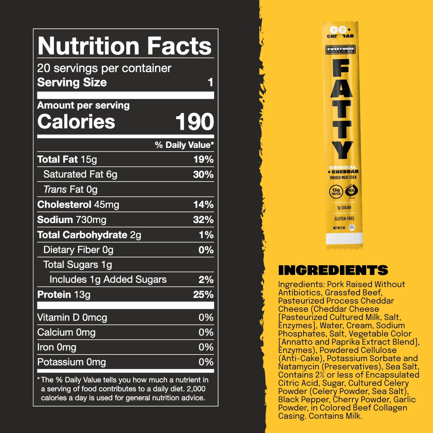 FATTY Grass-Fed Beef Smoked Meat Sticks, Original + Cheddar, 13g Protein, 2 oz. (Pack of 20)