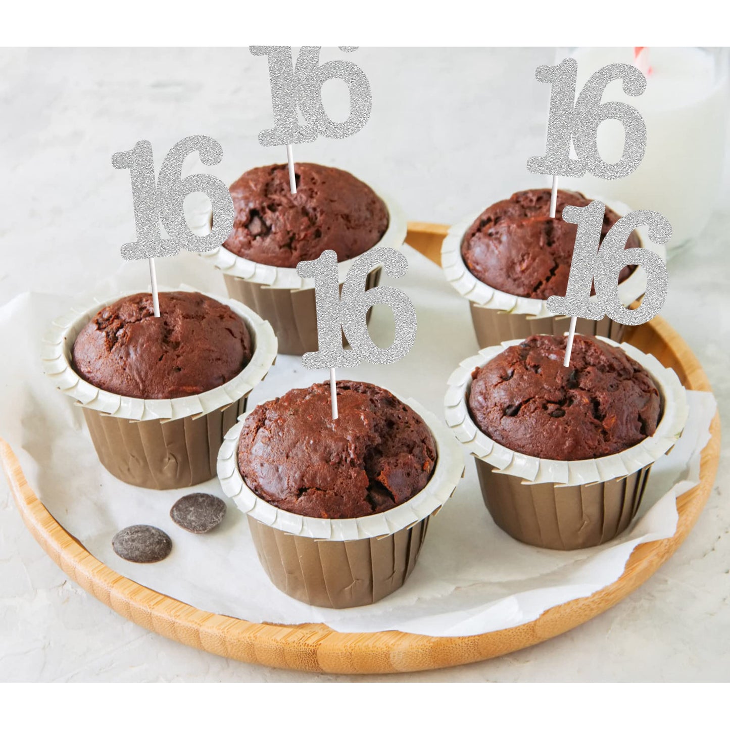 Sumerk 24Pcs Number 16 Cupcake Toppers Silver Glitter 16Th Birthday Cupcake Picks Anniversary Party Decorations