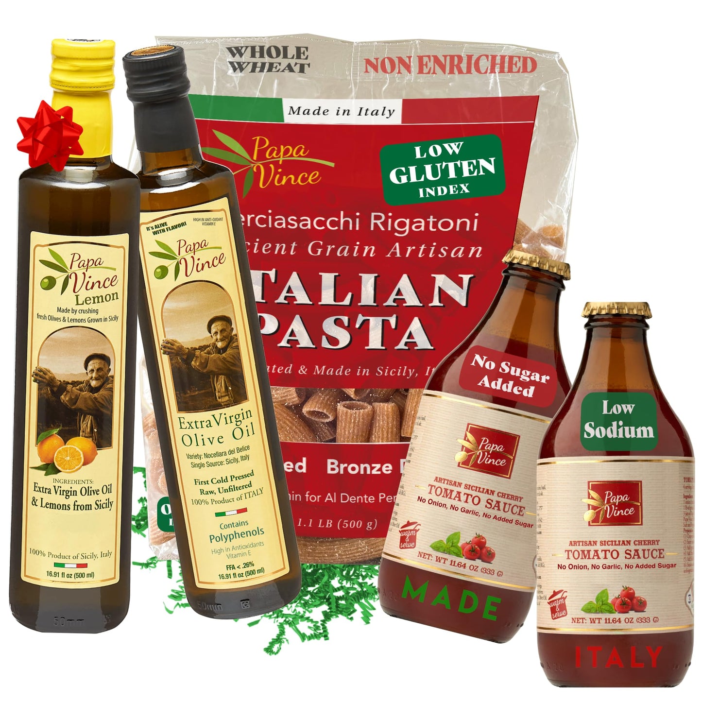 Papa Vince Gourmet Italian Food Gift Basket - 5 Piece Set, Crafted in Italy from Organic Ingredients, Model SET06_1DU_1EV_1GLA_2TO