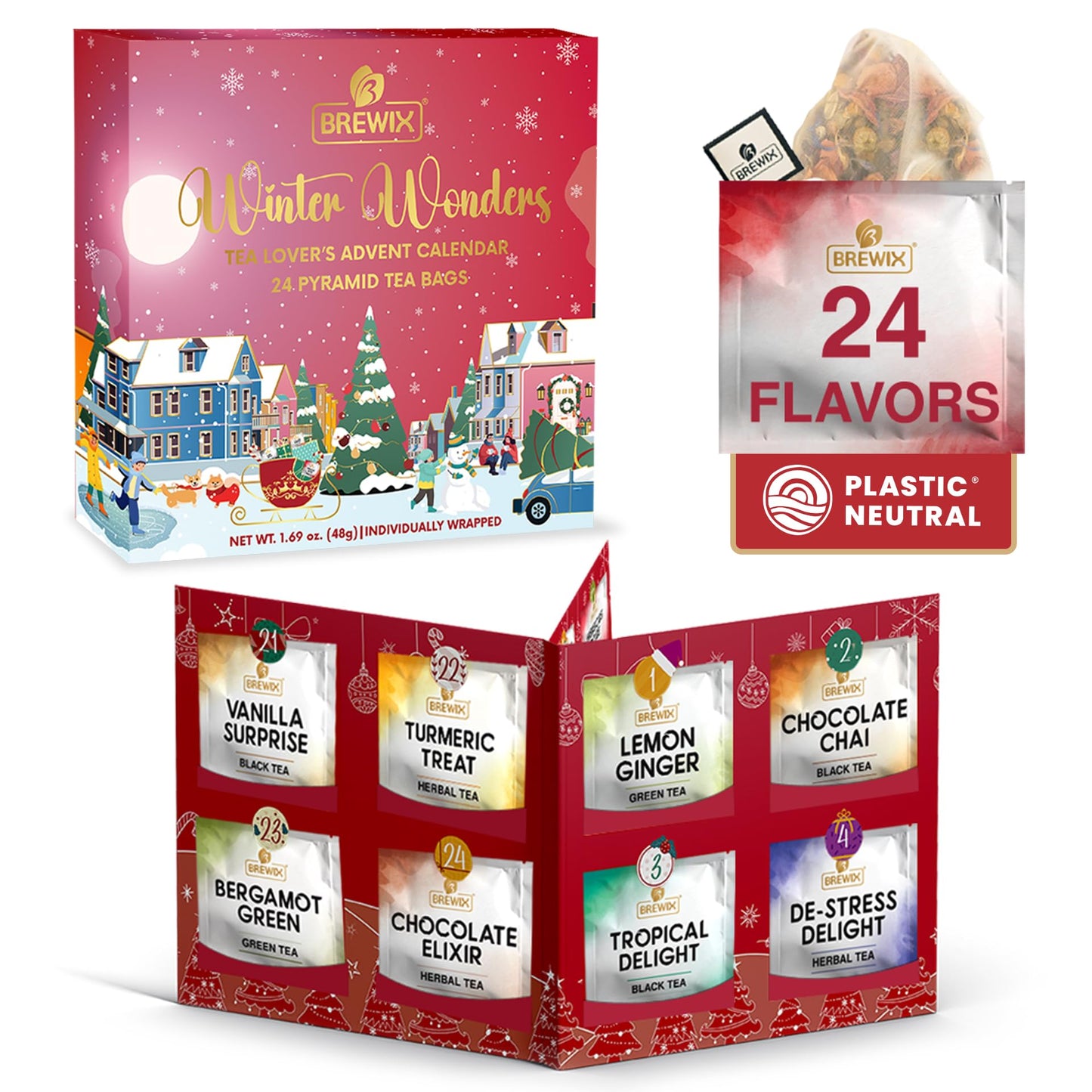 BREWIX, Tea Advent Calendar 2024 | 24 Pyramid Tea Bags - Luxury Gift Box | Selection of 24 Delightful Black/Green Teas and Infus