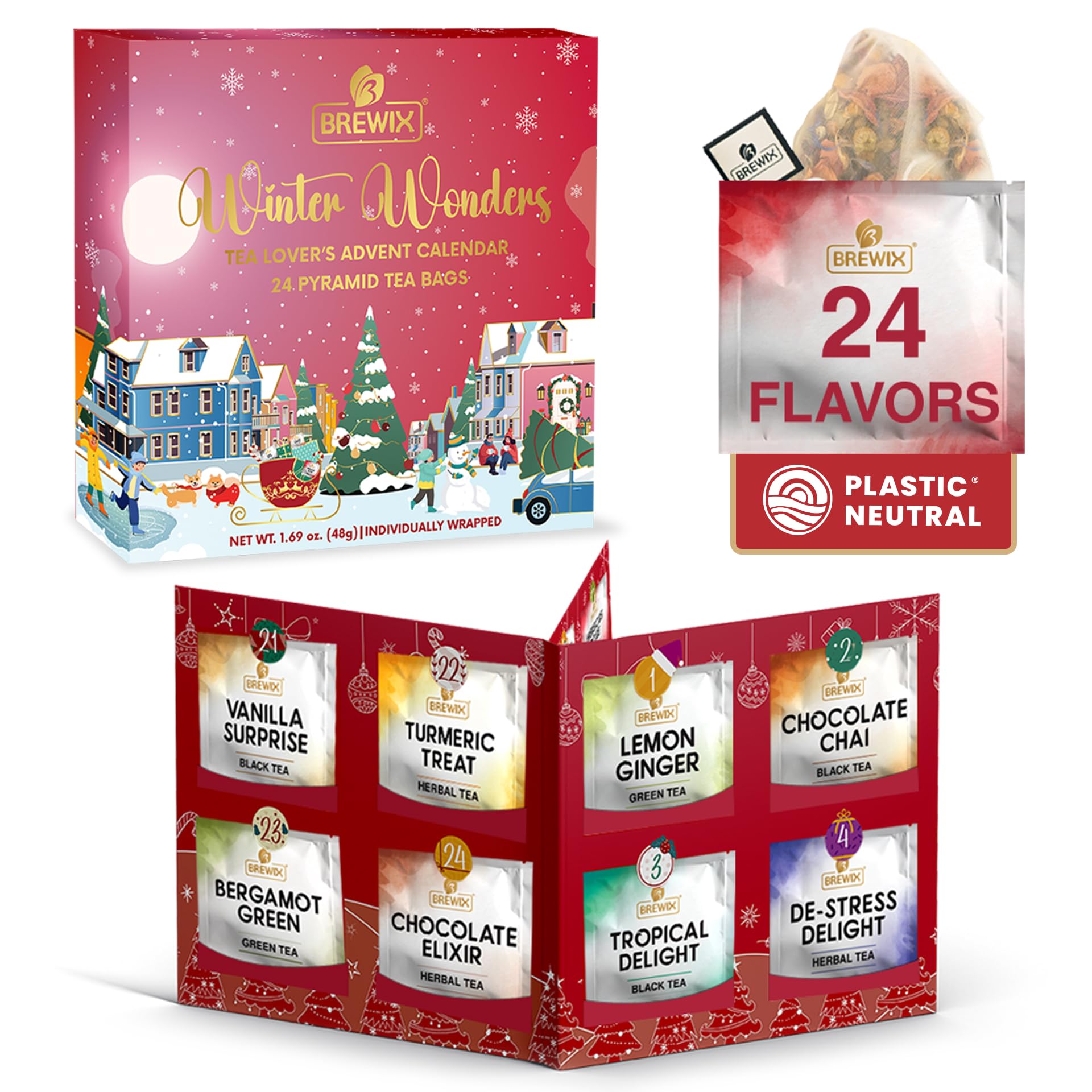 BREWIX, Tea Advent Calendar 2024 | 24 Pyramid Tea Bags - Luxury Gift Box | Selection of 24 Delightful Black/Green Teas and Infus