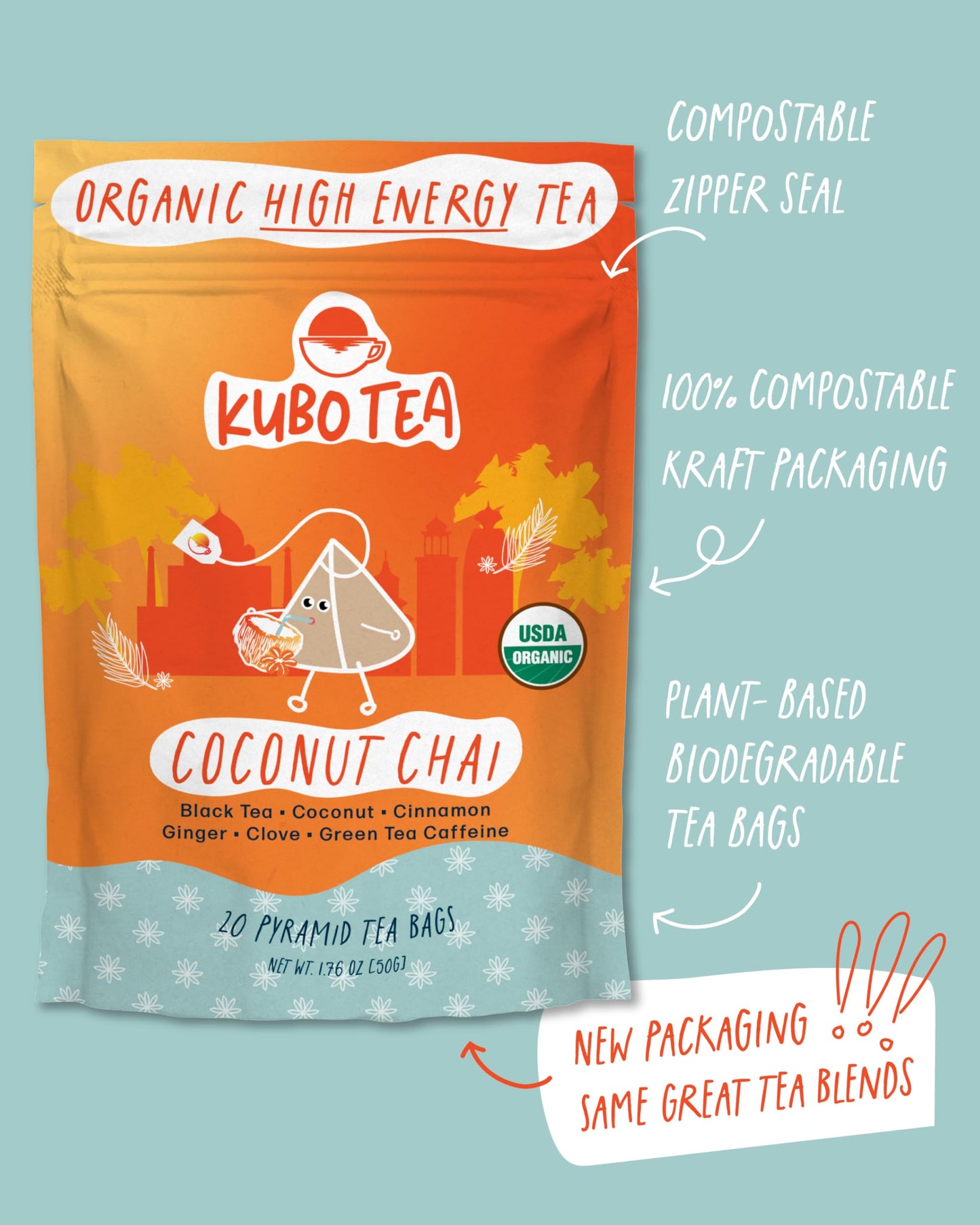 Kubo Tea Coconut Chai Black Tea - Organic High Caffeine Blend, 20 Pyramid Tea Bags, Compostable Packaging, Brew Hot or Iced