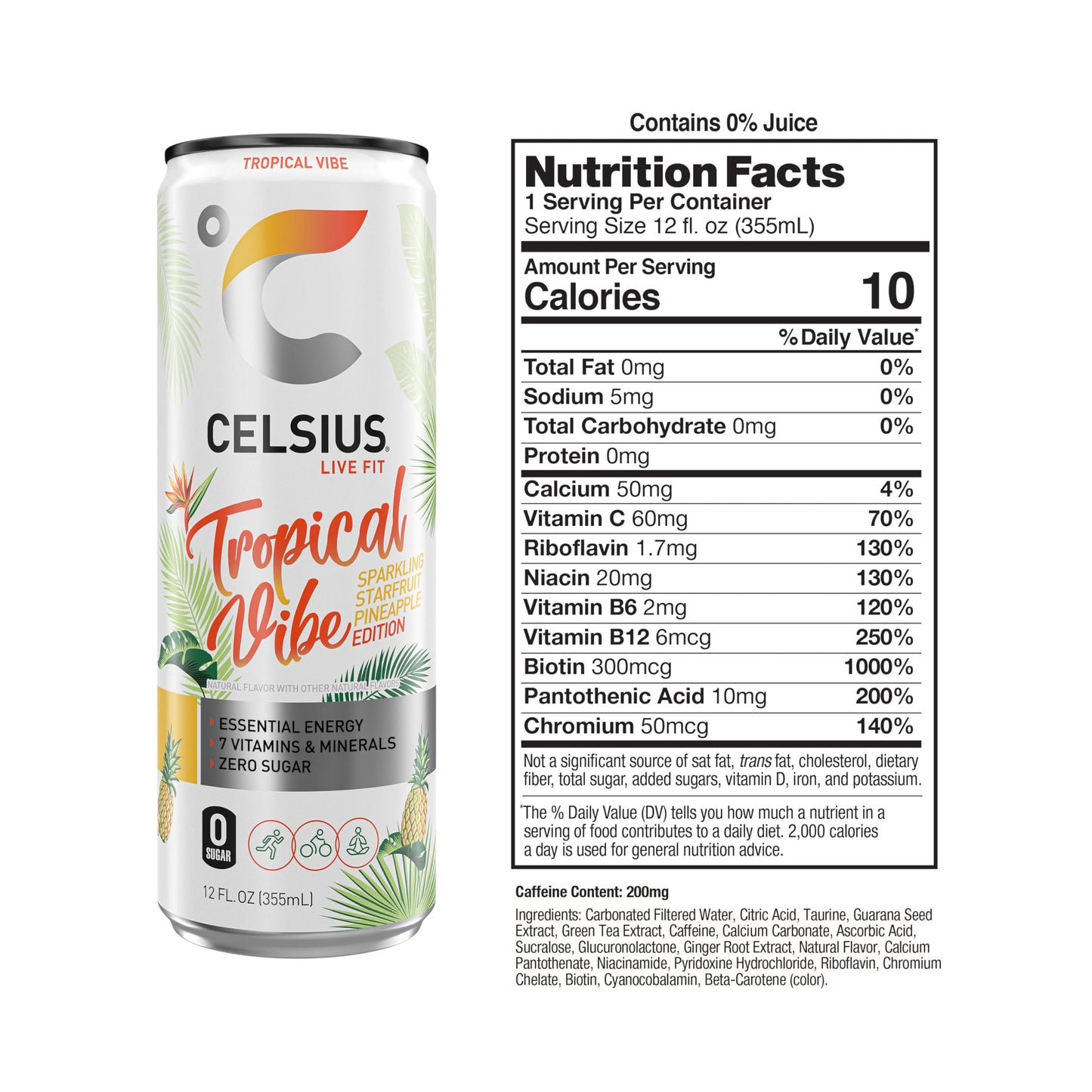 cELSIUS Sparkling Tropical Vibe Functional Essential Energy Drink 12 Fl Oz (Pack of 12)