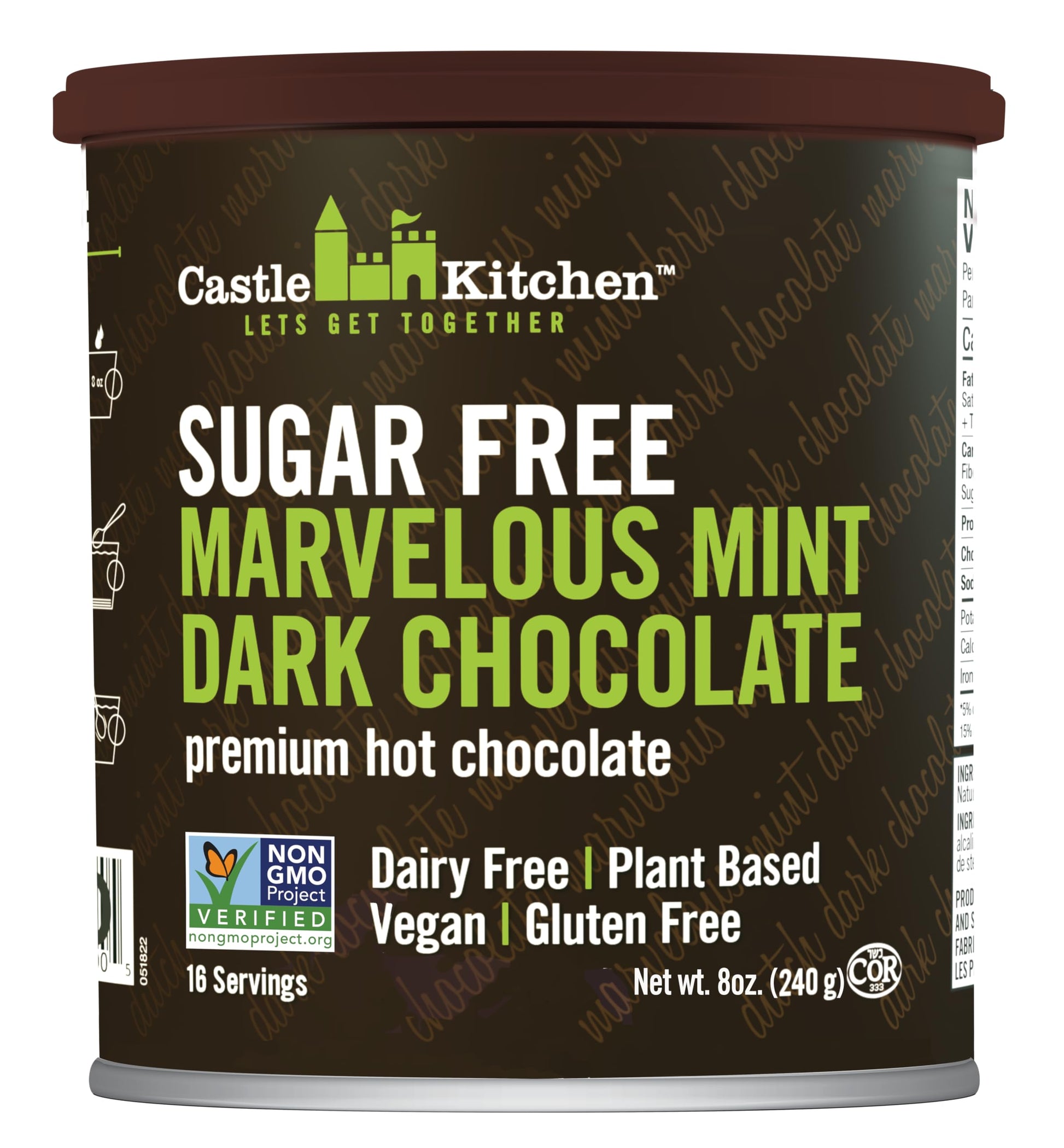 Castle Kitchen Sugar Free Marvelous Mint Premium Dark Hot Chocolate Mix with Monkfruit (8 oz) - Vegan, Dairy Free, Plant Based -