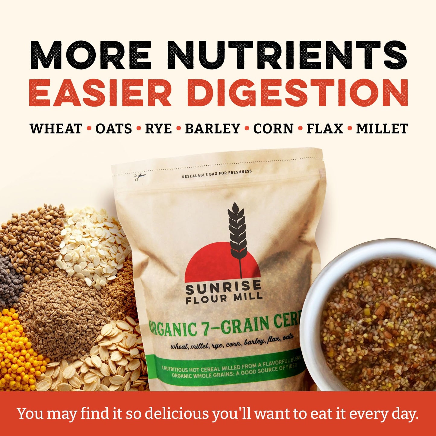 Sunrise Flour Mill 7-Grain Hot Cereal Mix - USDA Organic, 48 oz, Sugar Free, High Fiber, 5g Protein Per Serving