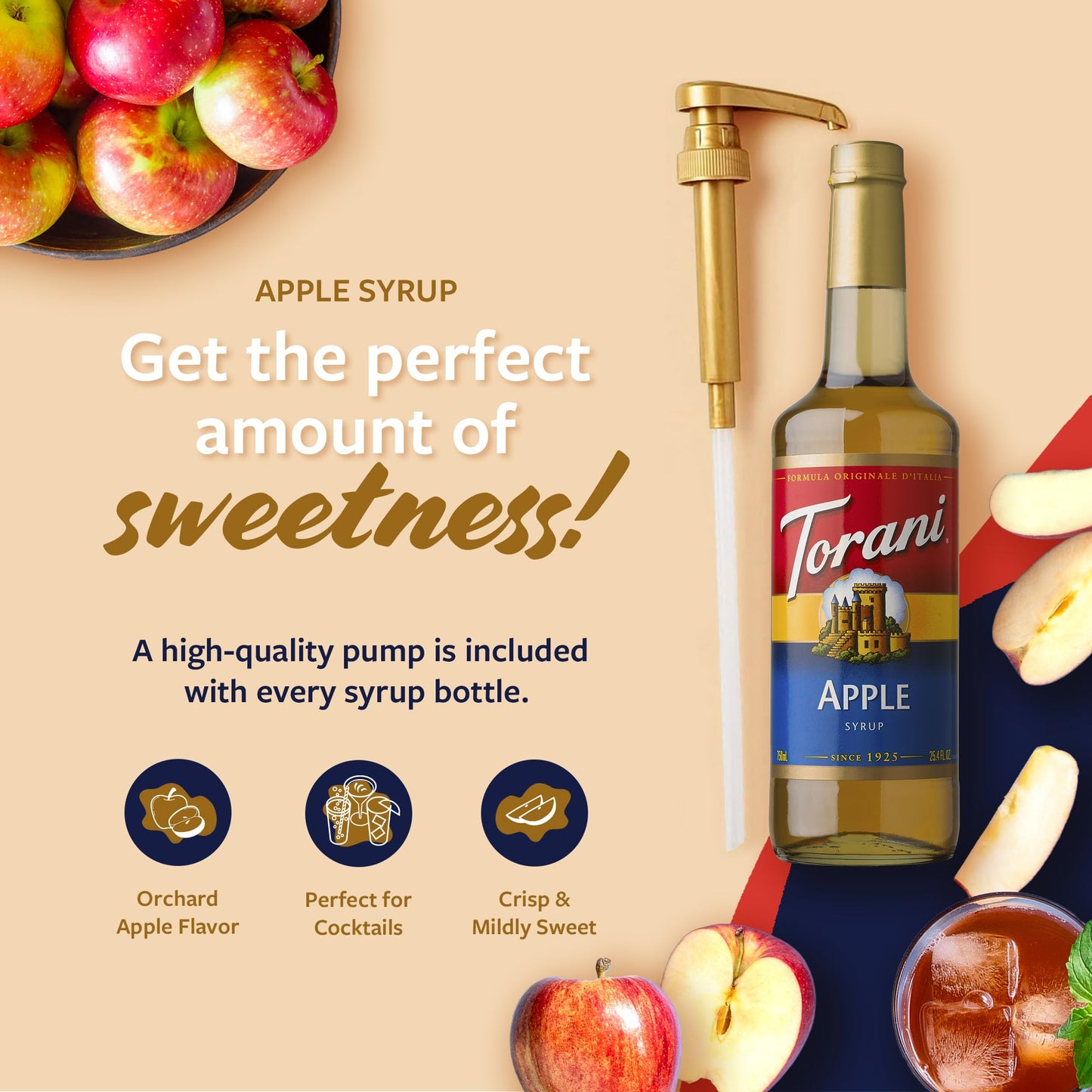 Torani Apple Syrup For Drinks, Flavoring For Iced Tea, Lemonade, Sodas, And Cocktails, Glass Bottle With Pump Included, 25.4 Fl