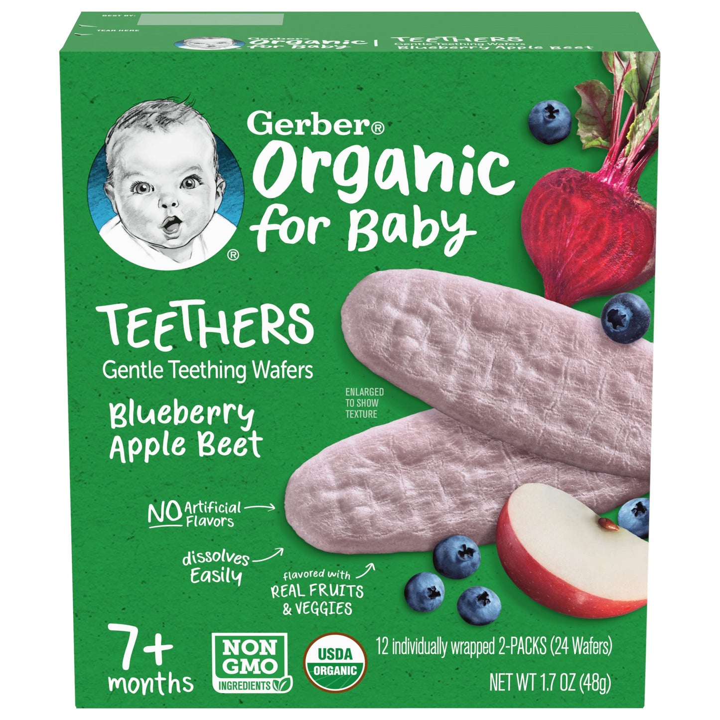 Gerber Organic For Baby Teethers, Blueberry Apple Beet, Gentle Teething Wafers, Non-Gmo Ingredients, 12 Individually Wrapped 2-P