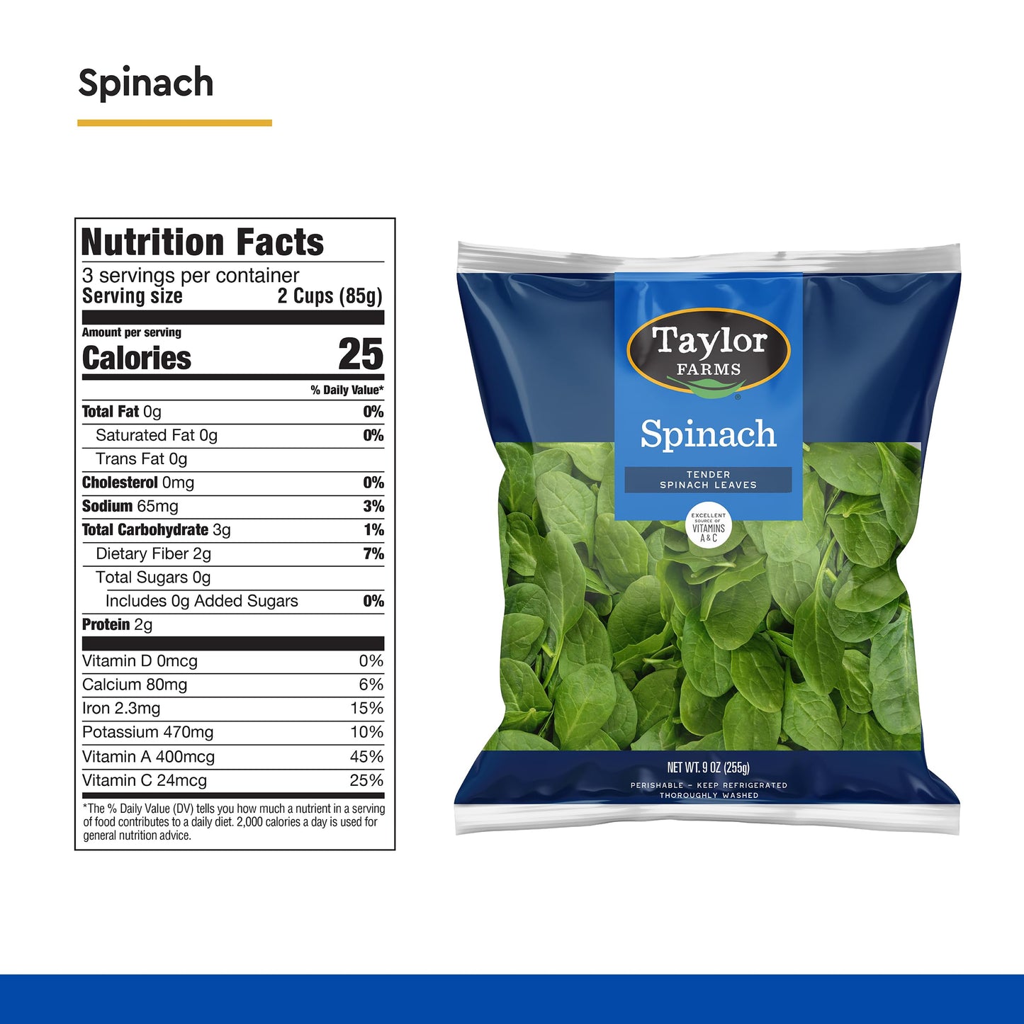 Taylor Farms Spinach, 9 oz Bag