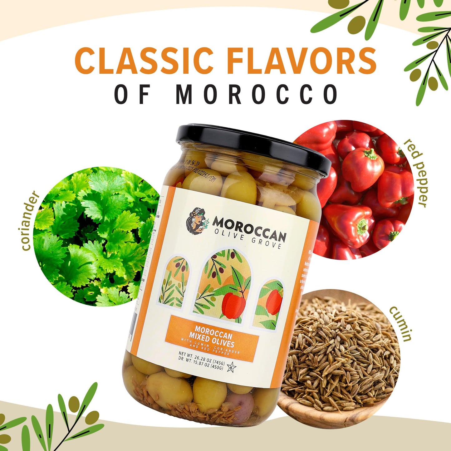 Moroccan Olive Grove Mixed Olives - Premium Hand-Picked Purple & Green Olives with Sweet Peppers, 2-Pack, 745g per Jar