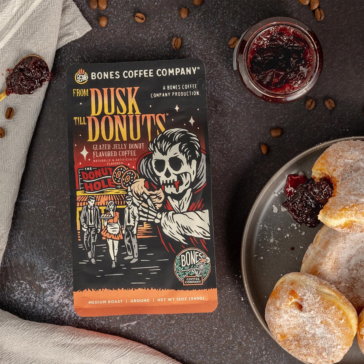 Bones Coffee Company From Dusk Till Donuts Whole Coffee Beans Jelly Donuts Flavor, Low Acid Flavored Coffee, Made With Arabica C