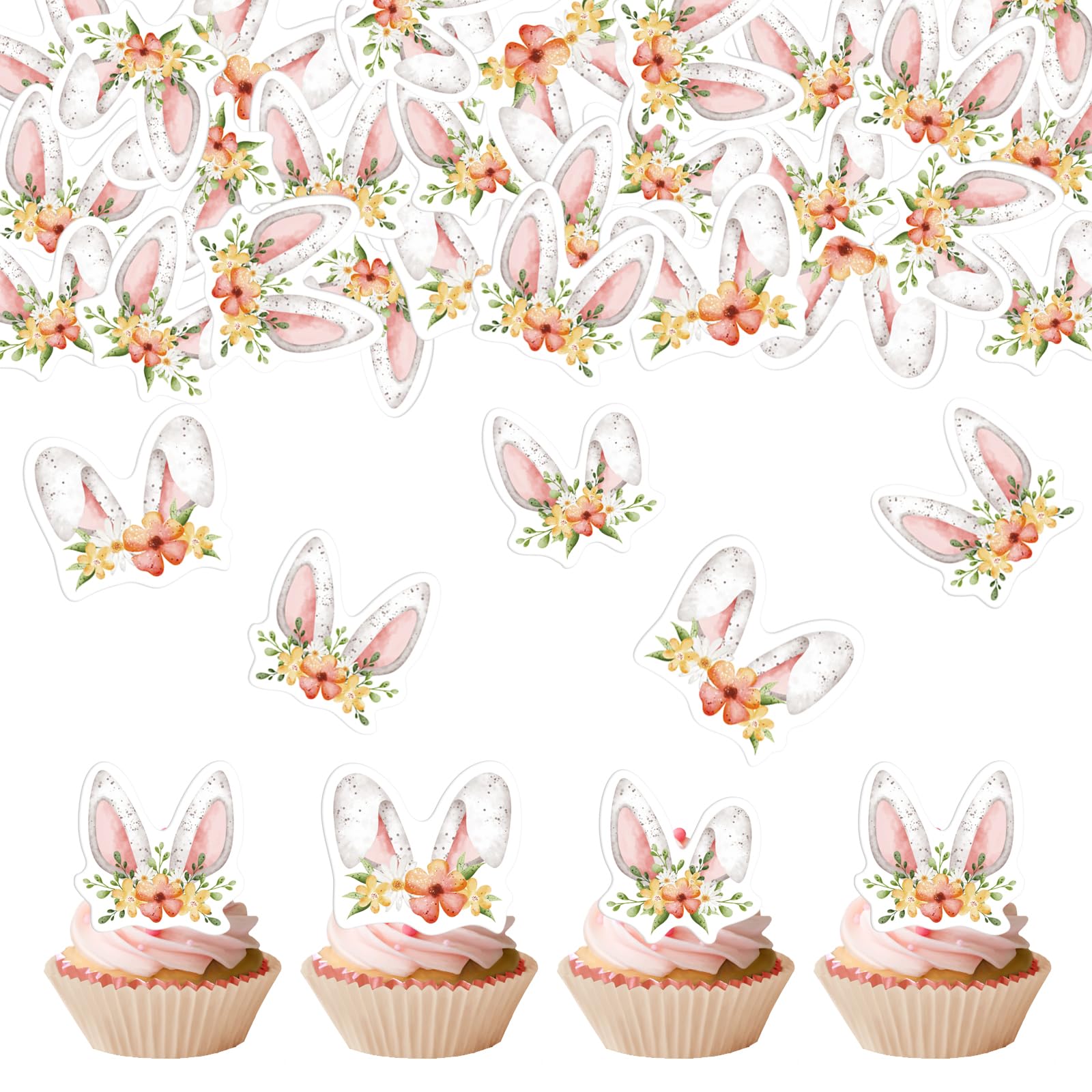 24PCS Edible Floral Easter Bunny Ear Cupcake Toppers Edible Rabbit Ears Cupcake Picks Wafer Paper Easter Day Cake Toppers for Ea