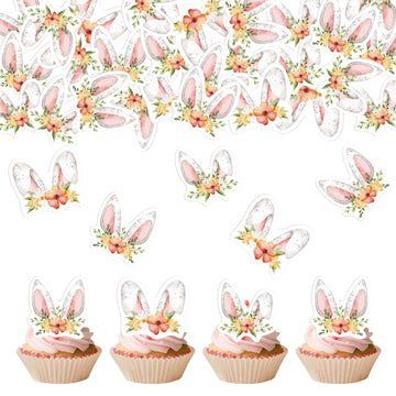 24PCS Edible Floral Easter Bunny Ear Cupcake Toppers Edible Rabbit Ears Cupcake Picks Wafer Paper Easter Day Cake Toppers for Ea