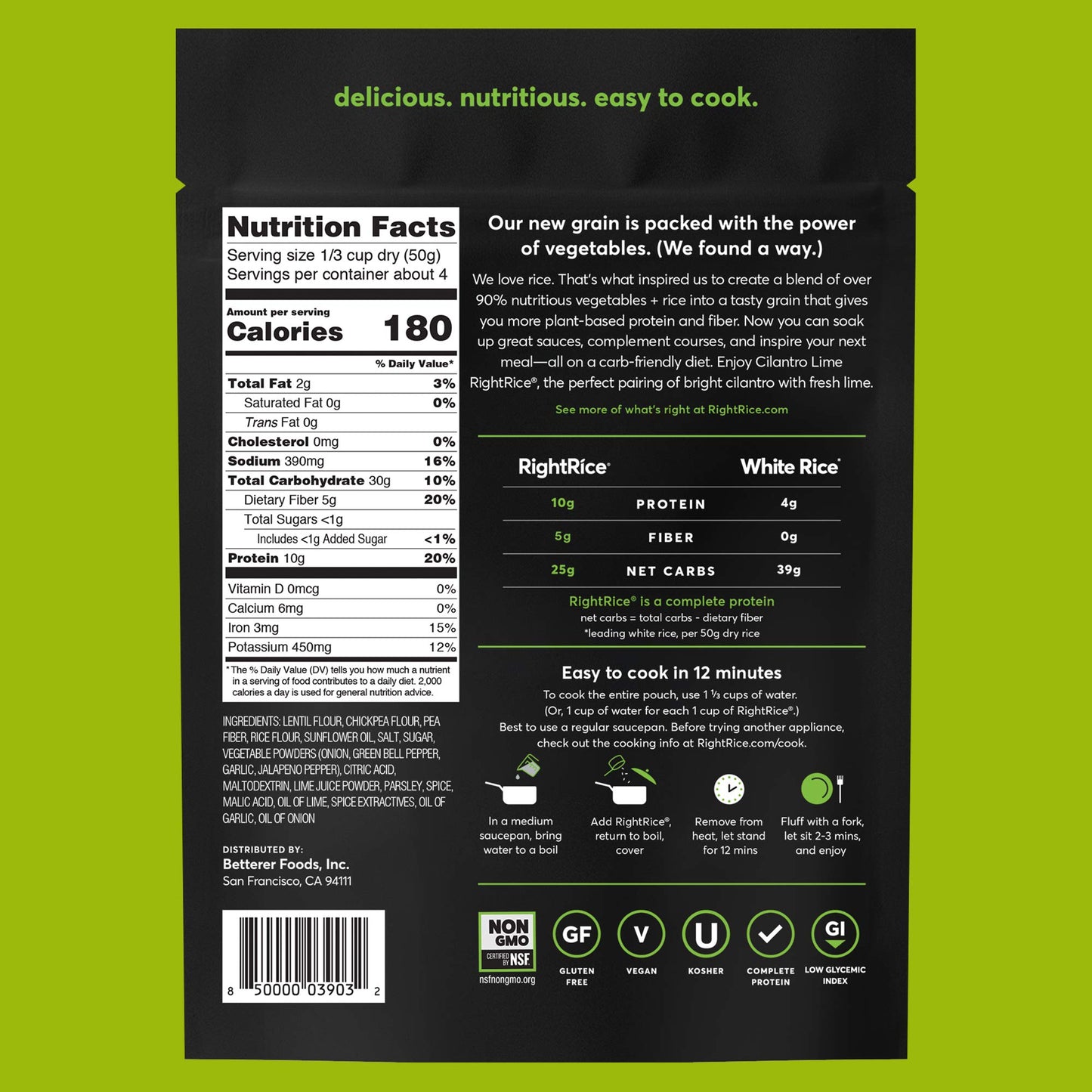 RightRice - Cilantro Lime (7oz. Pack of 1) - Made from Vegetables - High Protein, Vegan, non GMO, Gluten Free