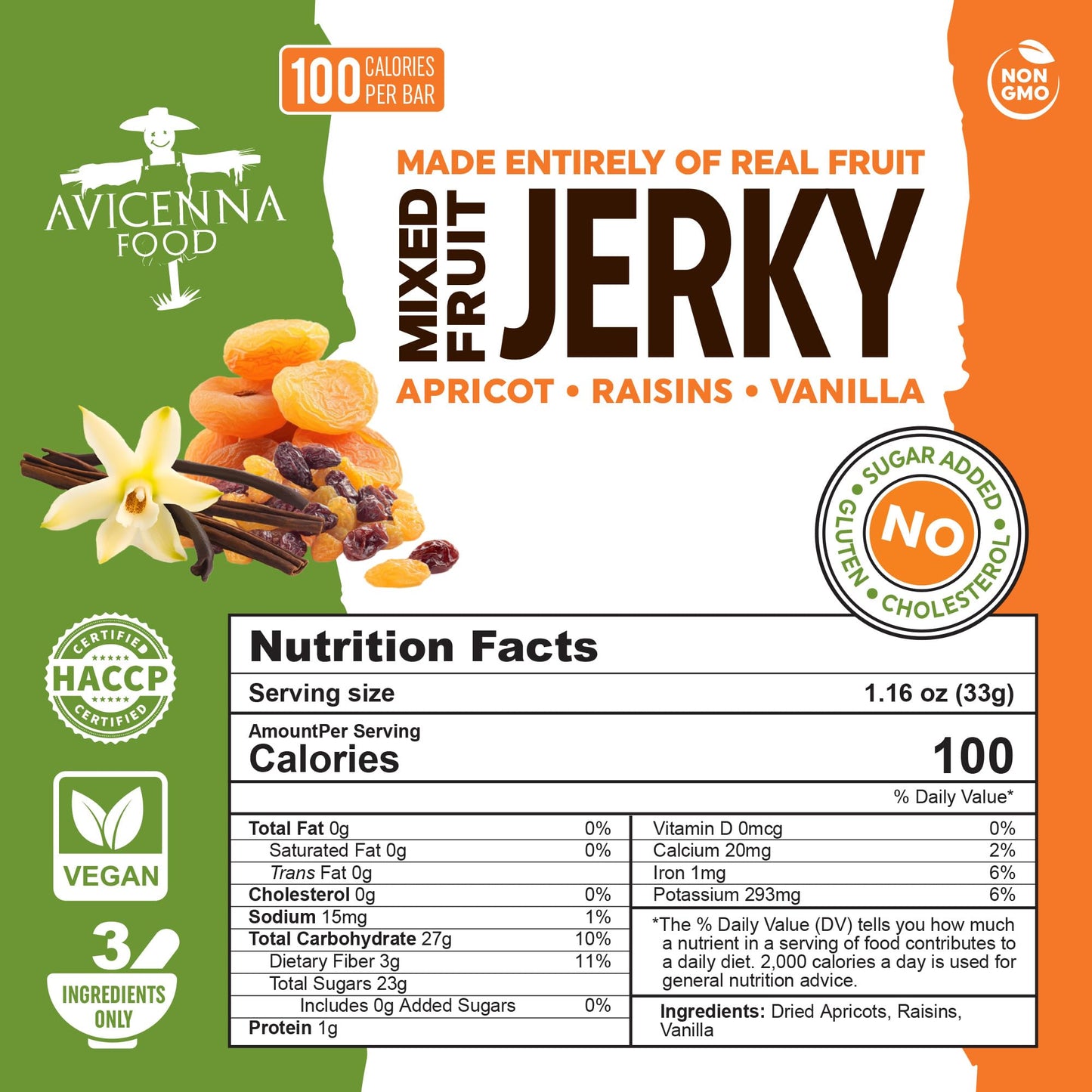AVICENNA FOOD Natural Fruit Bar, Apricot Raisin Vanilla, No Added Sugar, Gluten Free, High Fiber, 12 Pack