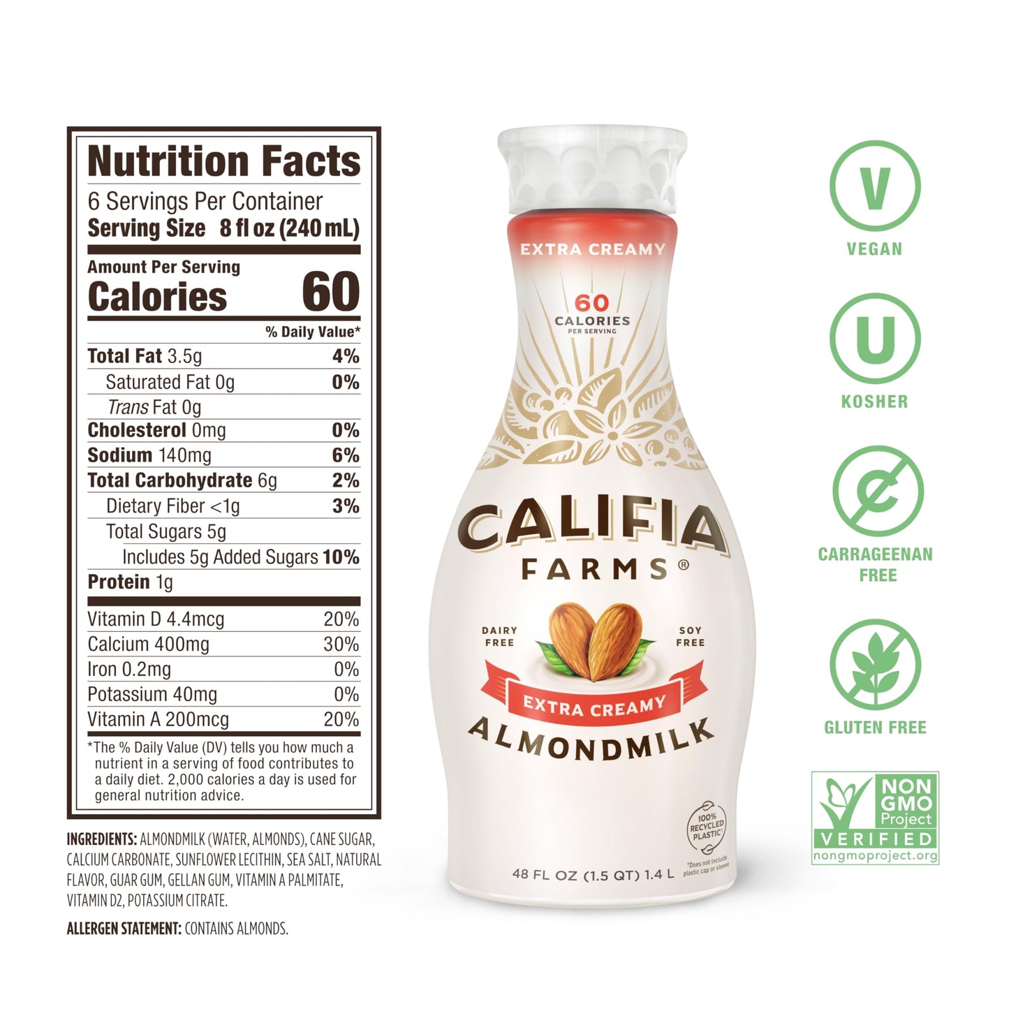 Califia Farms - Extra Creamy Almond Milk, 48 Oz, Dairy Free, Vegan, Plant Based, Vegan, Gluten Free, Non GMO, High Calcium, Smoo