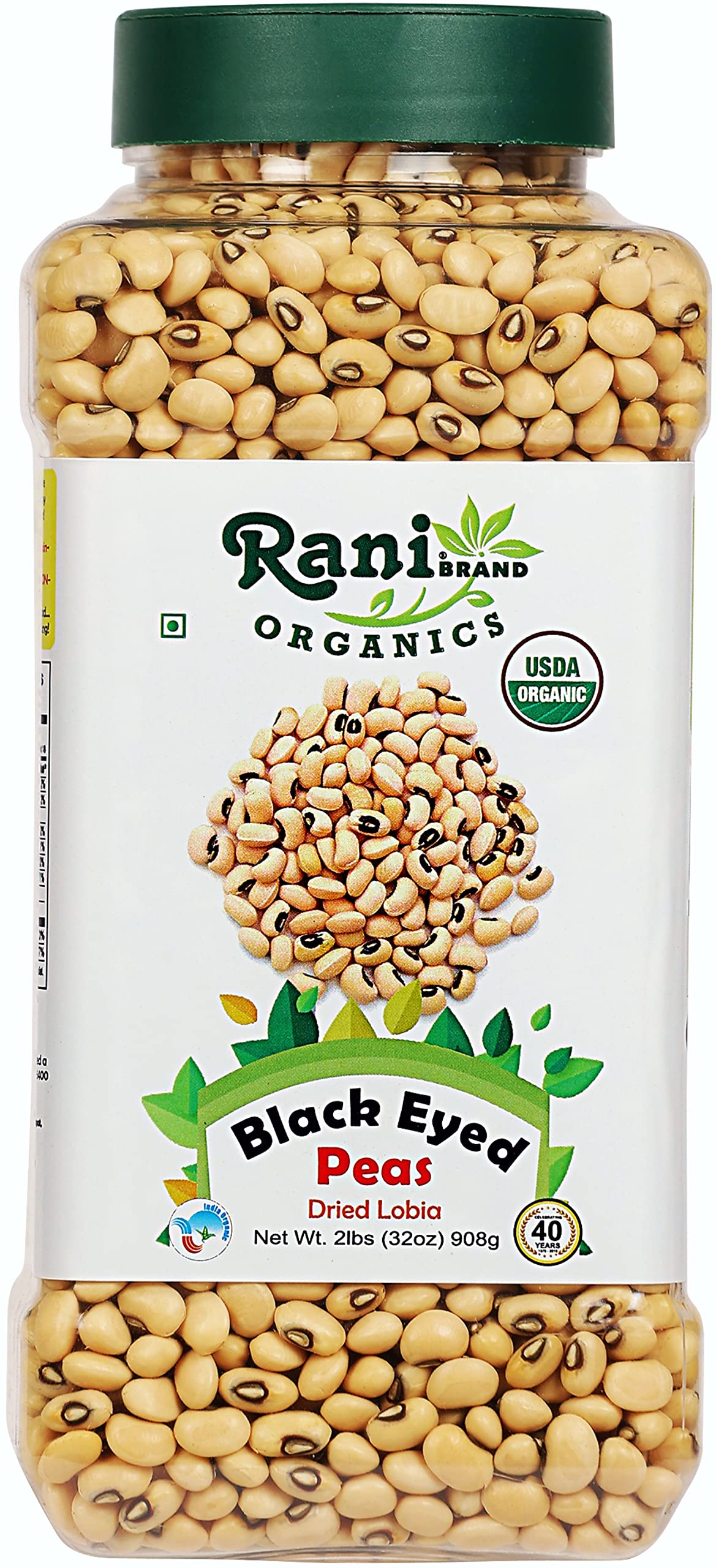 Rani Organic Black Eyed Peas (Dried Lobia) 32oz (2lbs) 908g PET Jar ~ All Natural | Vegan | Gluten Friendly | NON-GMO | Indian O