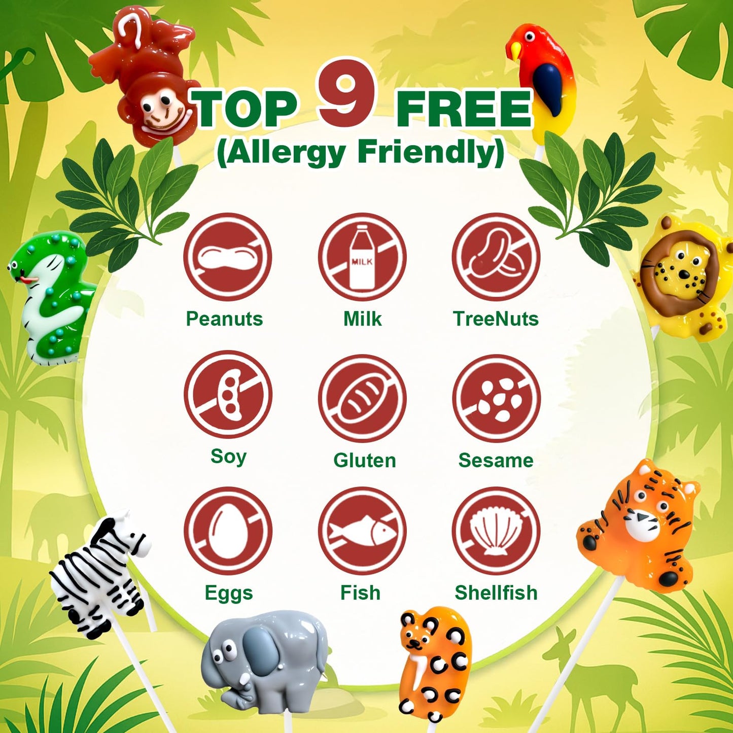 EORA Wildlife-Shaped Lollipops, 24 Pack, 8 Shapes & Flavors, Jungle Theme Candy, Multi-Color, Model YJLLH-WALA-12G24