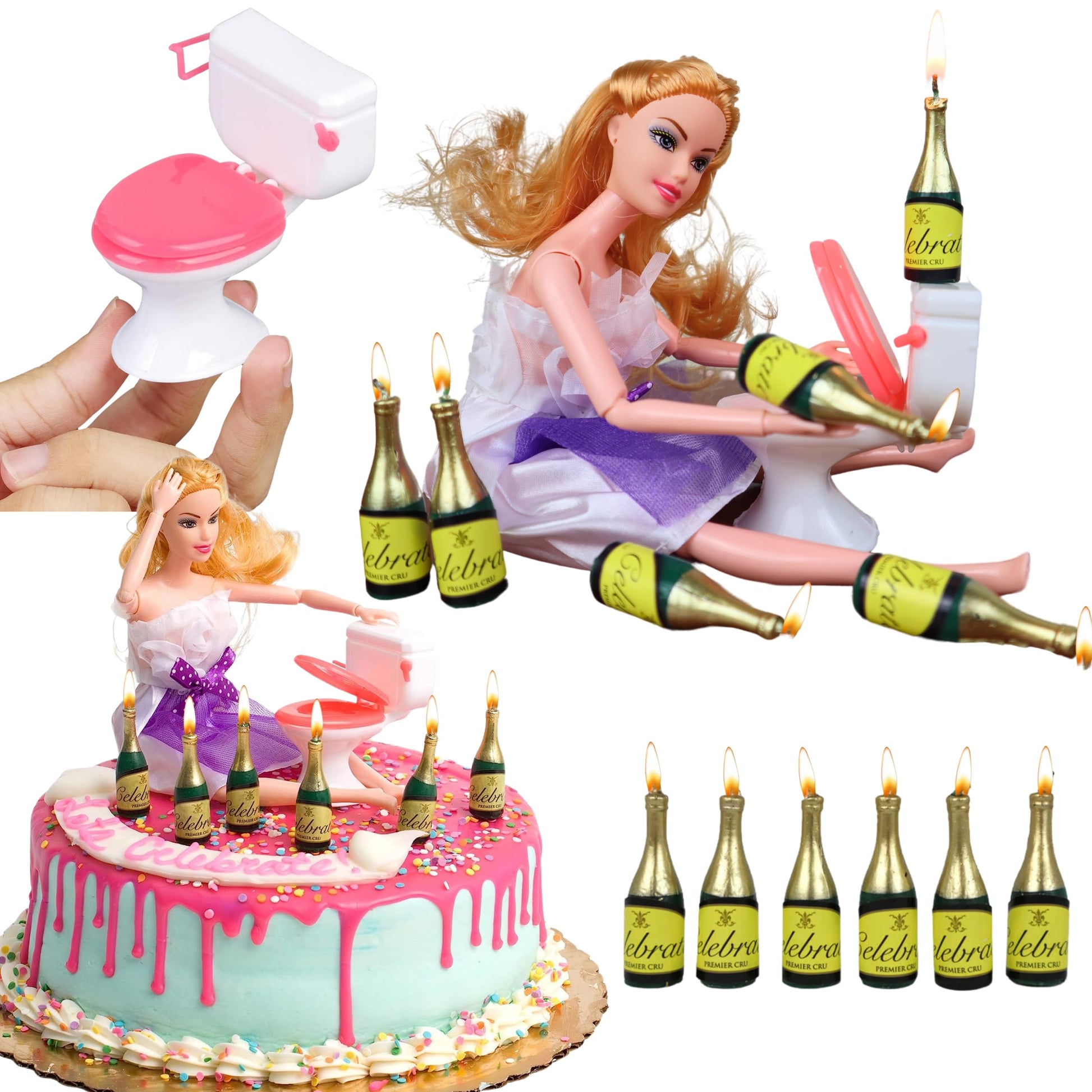 Drunk Doll Cake Topper Happy 21St Birthday Decorations For Her With Mini Beverage-Style Sparkling Drink Beverage-Inspired Bottle Candles  Toilet & Large Jointed Doll | Funny Custom Cake Party Supplies For Bachelorette & More