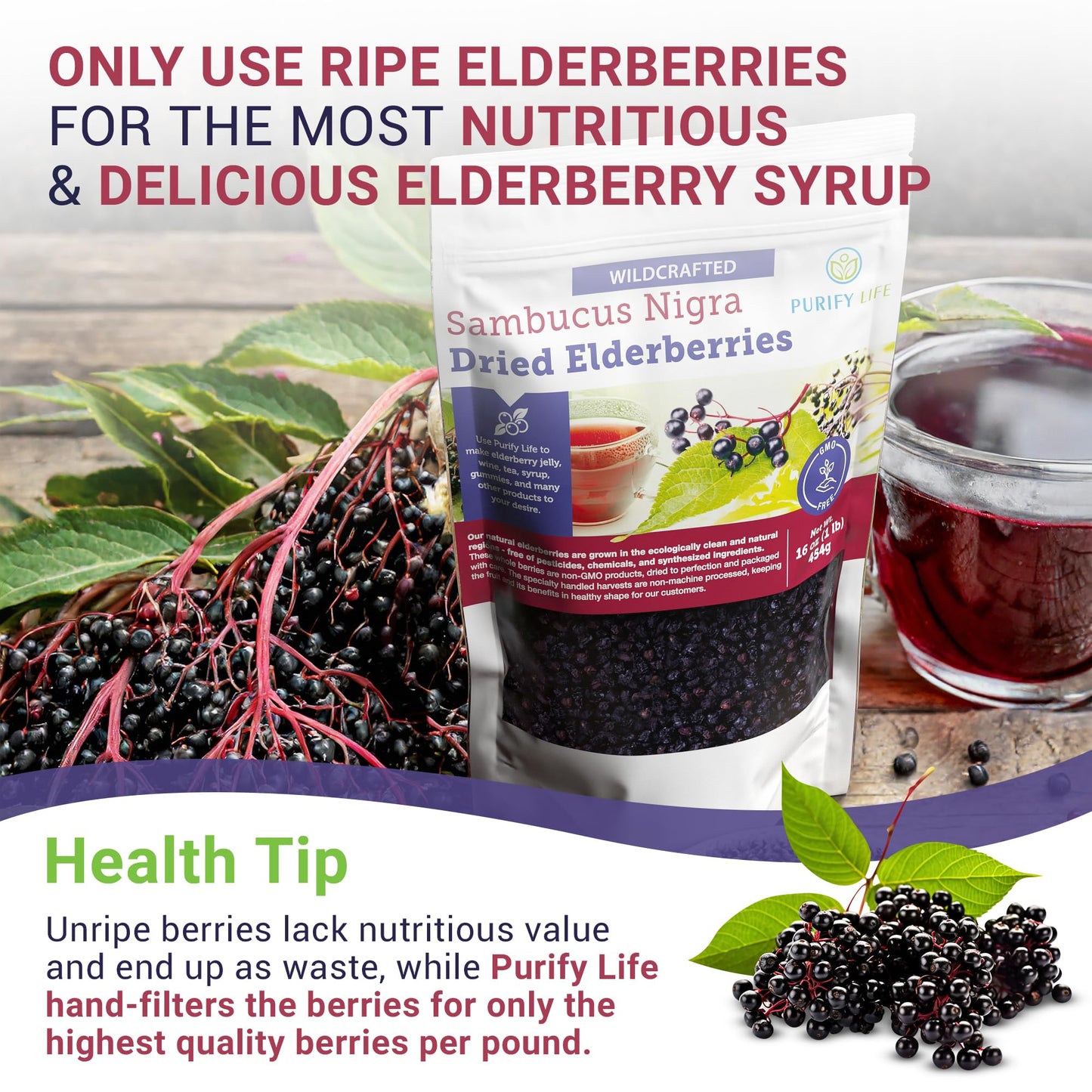 Purify Life Dried Elderberries - 1lb Bulk, Wildcrafted, Non-GMO, Whole, Model DE1