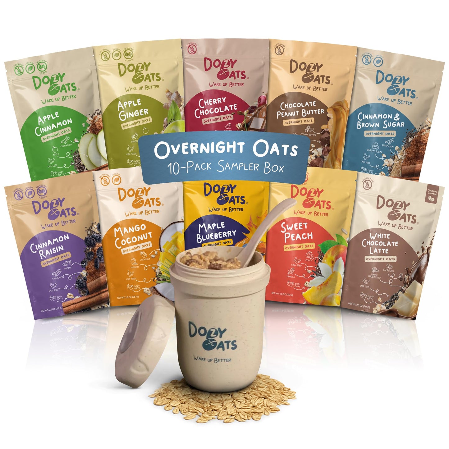 Dozy Oats Overnight Oatmeal Packets  10-Pack Sampler Box with Chia Seeds  Gluten-Free  Natural Source of Protein and Fiber  10-Pack and Jar