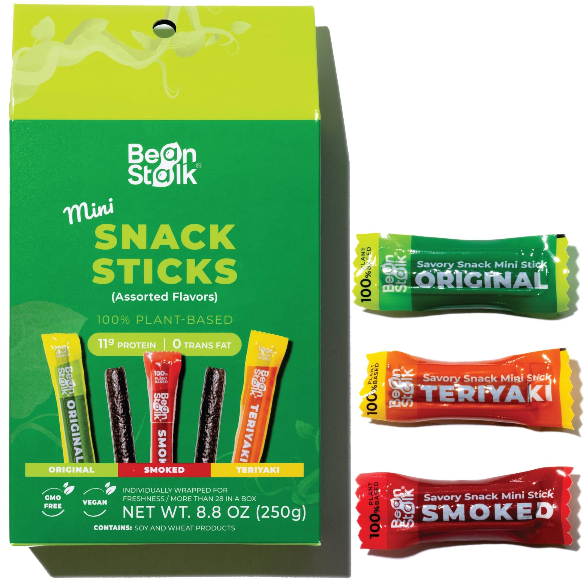 Bean Stalk Vegan Snack Sticks - Assorted Flavors (Teriyaki, Smoked, Original) - One Size - Brown, Tan
