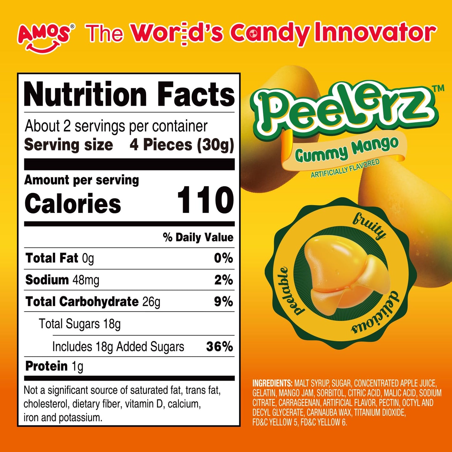 Amos Peelerz Mango Gummy, Peeling Mango Candy,Resealable 2.19Oz Bag (Pack Of 3)