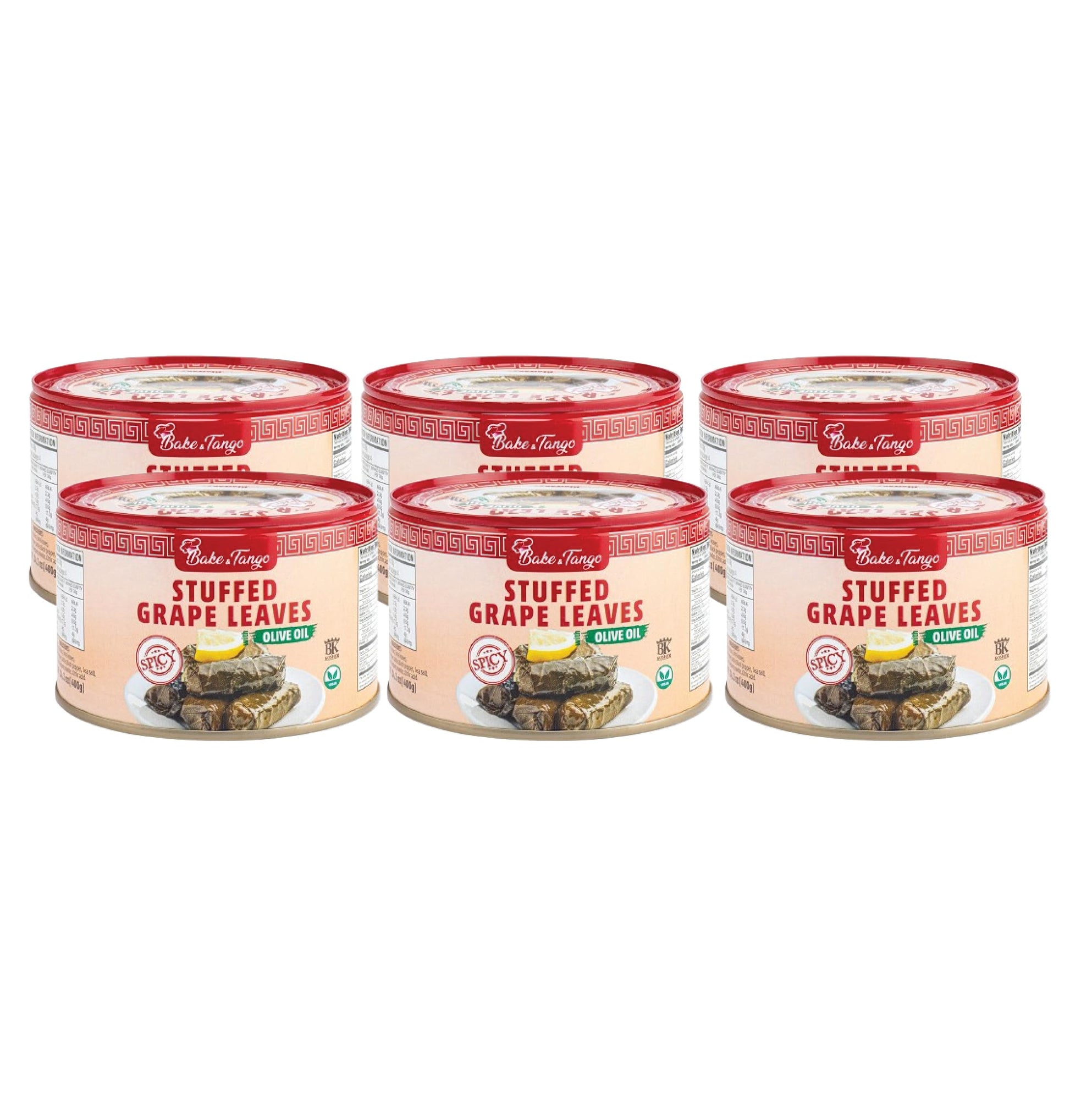 Bake and Tango - Stuffed Grape Leaves with Olive Oil, Spicy, Kosher, Vegan, 14.1 oz (Pack of 6) | Gourmet Mediterranean Delight 