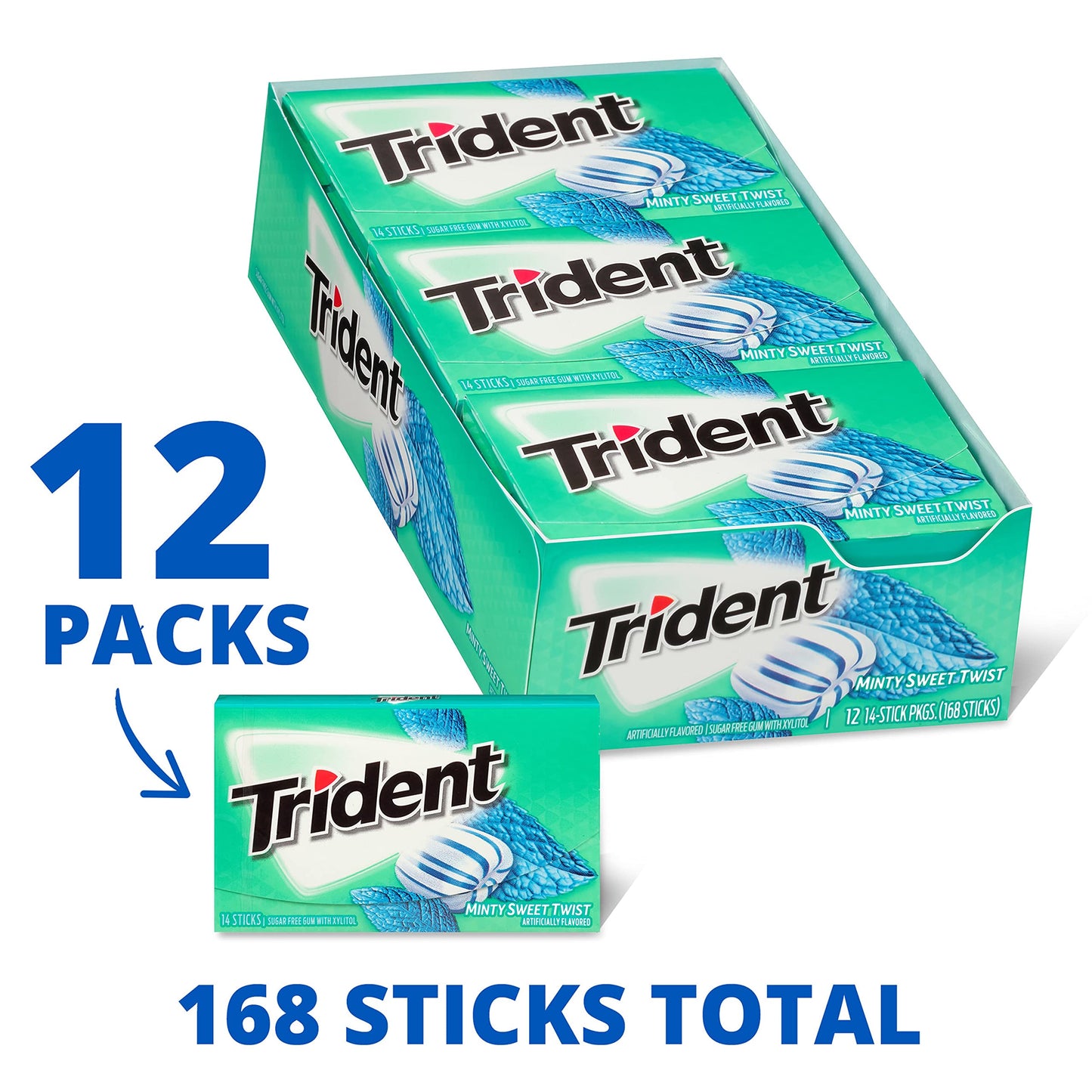 Trident Sugar-Free Chewing Gum, Minty Sweet Twist, 14 Pieces per Pack, 12 Packs, Total 168 Pieces